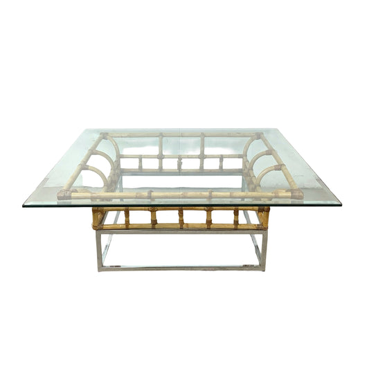 Vintage Hollywood Regency Bamboo, Chrome, and Glass Square Coffee Table