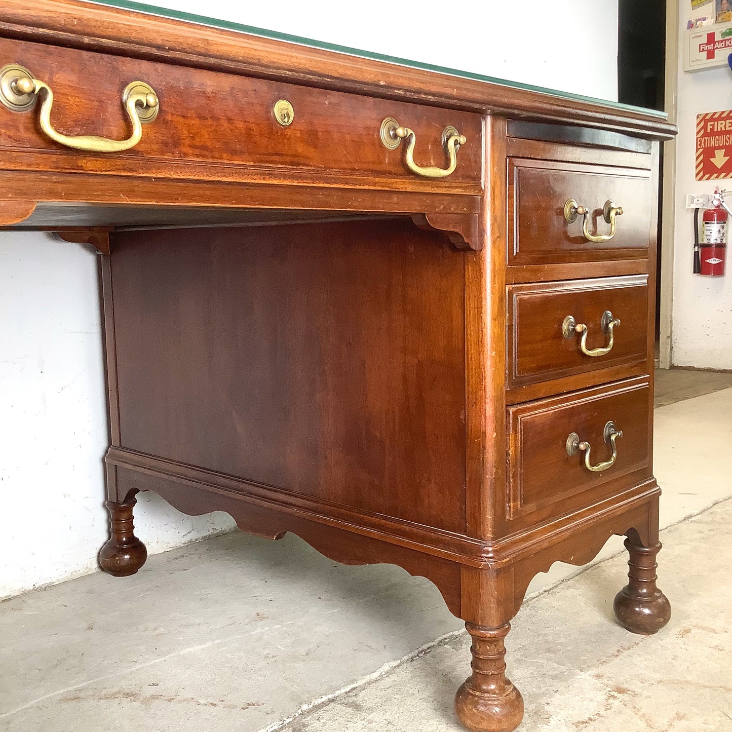 Antique Queen Anne Revival Kneehole Pedestal Desk | Burl Walnut | Brass Bail Pulls | Bun Feet |c. 20th C