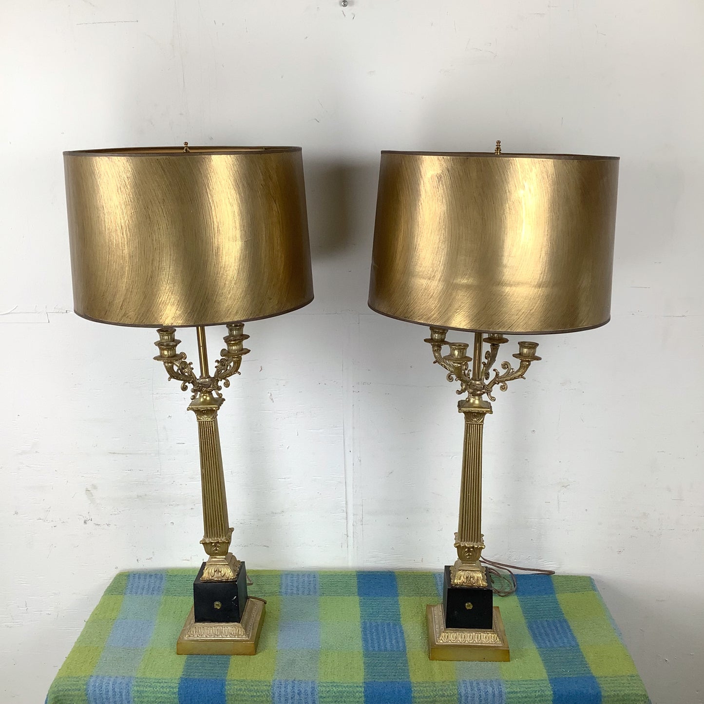 Pair of Neoclassical Brass Table Lamps with Fluted Columns and Ornate Candelabra Tops