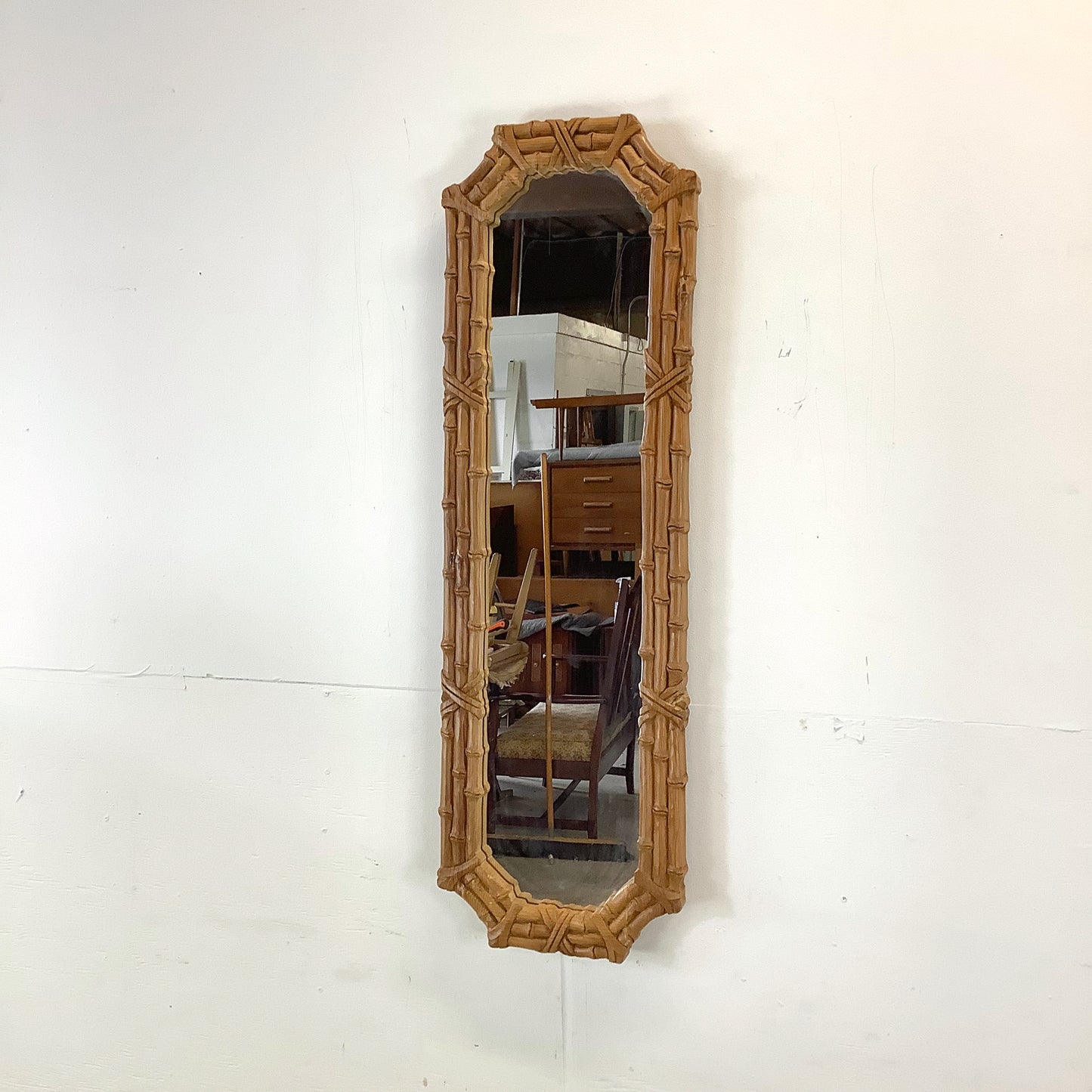 Natural Wood Faux Bamboo Mirror – 1970s Bohemian Coastal Design