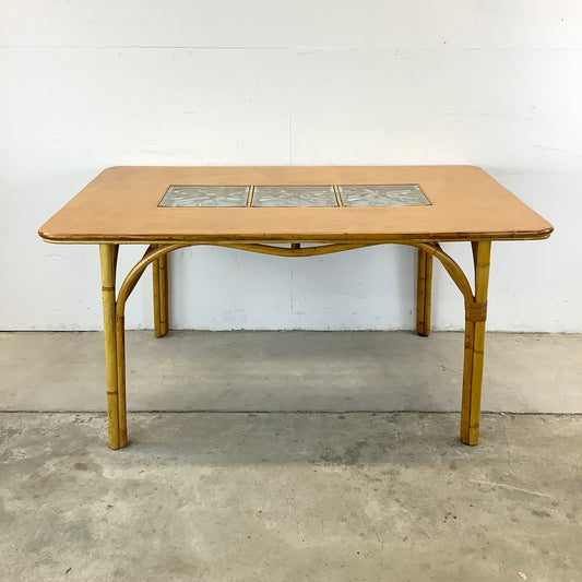 Vintage Bamboo Dining Table With Glass Inserts