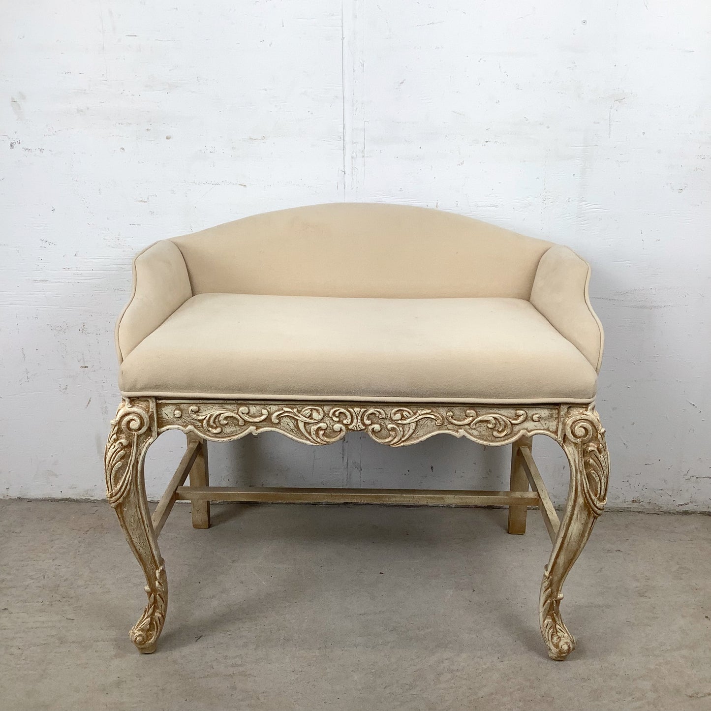French-Inspired Decorator Bench with Carved Wood Frame