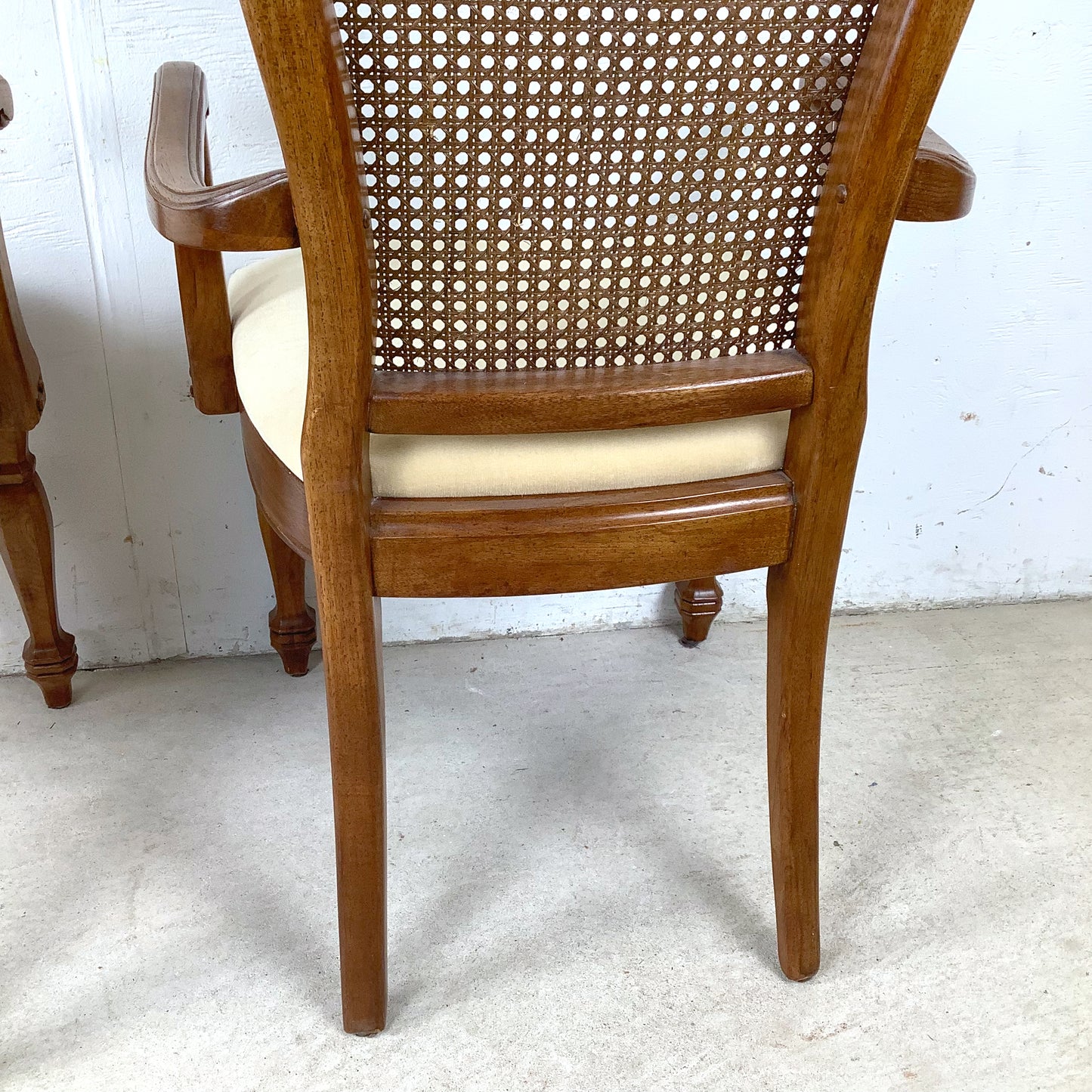 Pair of Vintage Provincial High-Back Cane Armchairs — Walnut, Burlwood Crest, 1970s