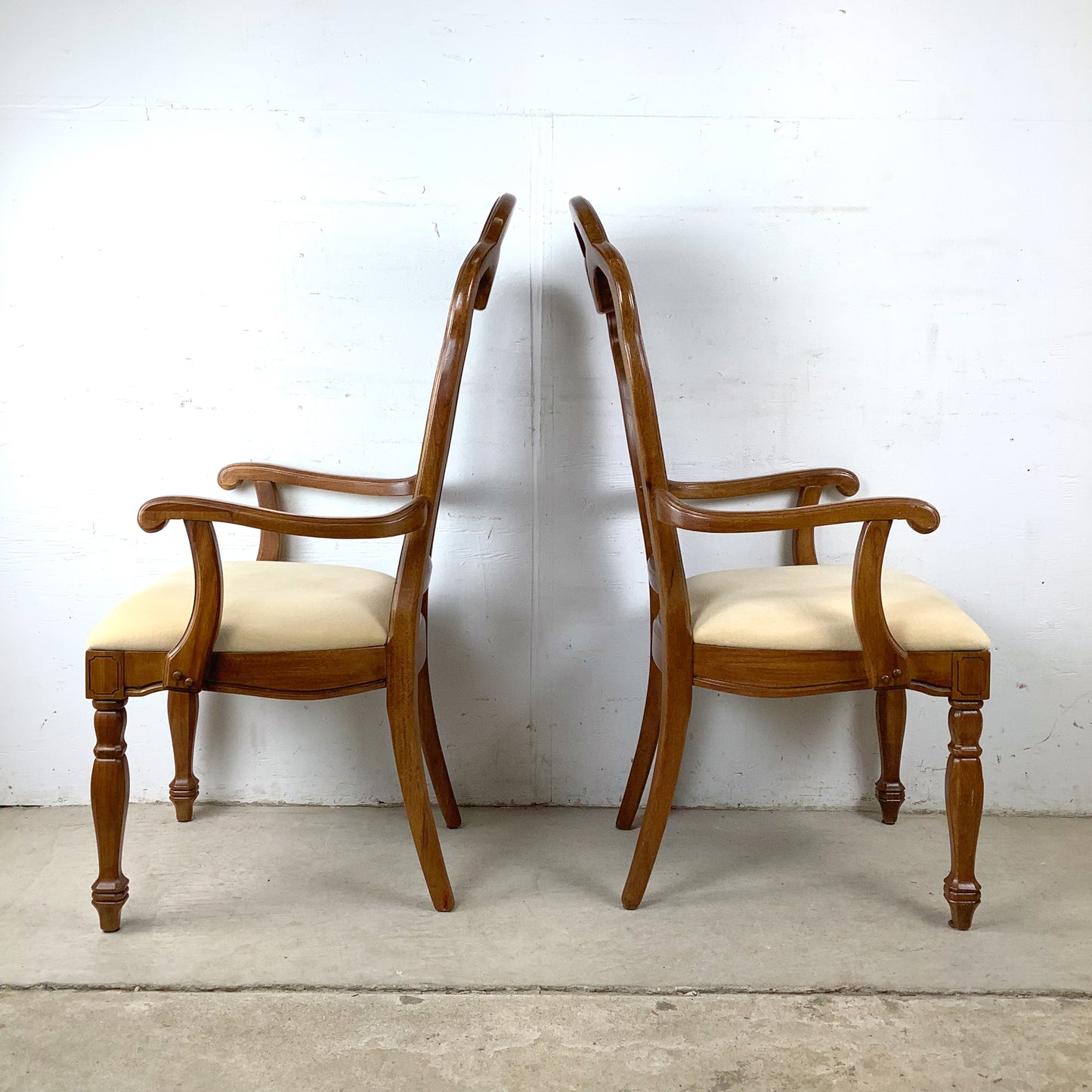 Pair of Vintage Provincial High-Back Cane Armchairs — Walnut, Burlwood Crest, 1970s
