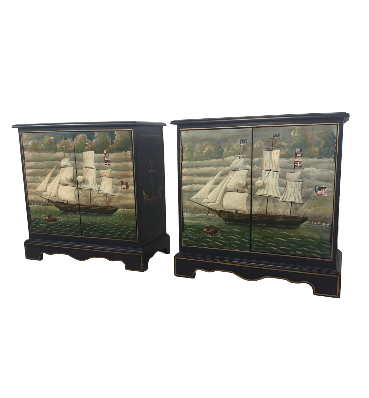 Pair of Hand-Painted Nautical Cabinets — Clipper Ship & Compass Rose Design