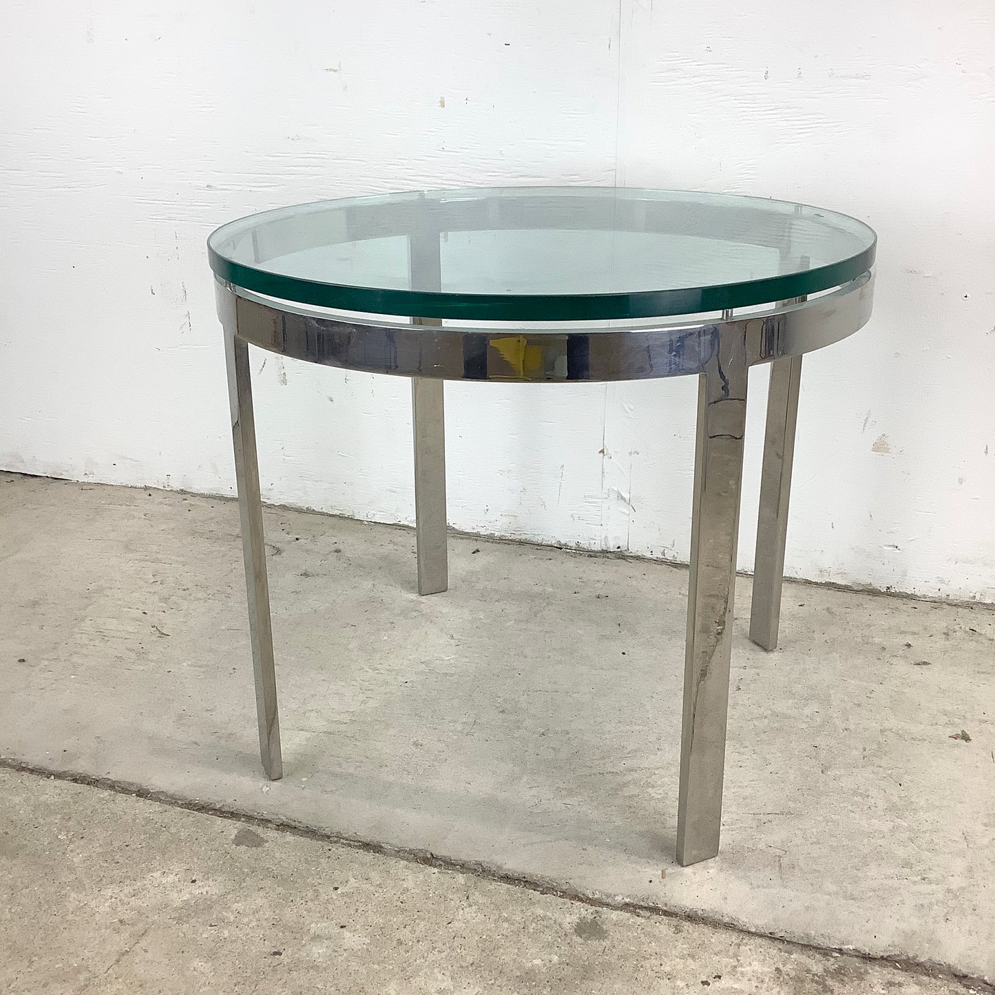 Vintage Circular Glass Top End Table with Polished Chrome Base