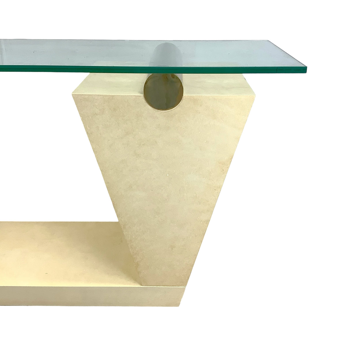 Vintage Modern Parchment-Style Console Table with Glass Top and Brass Accents