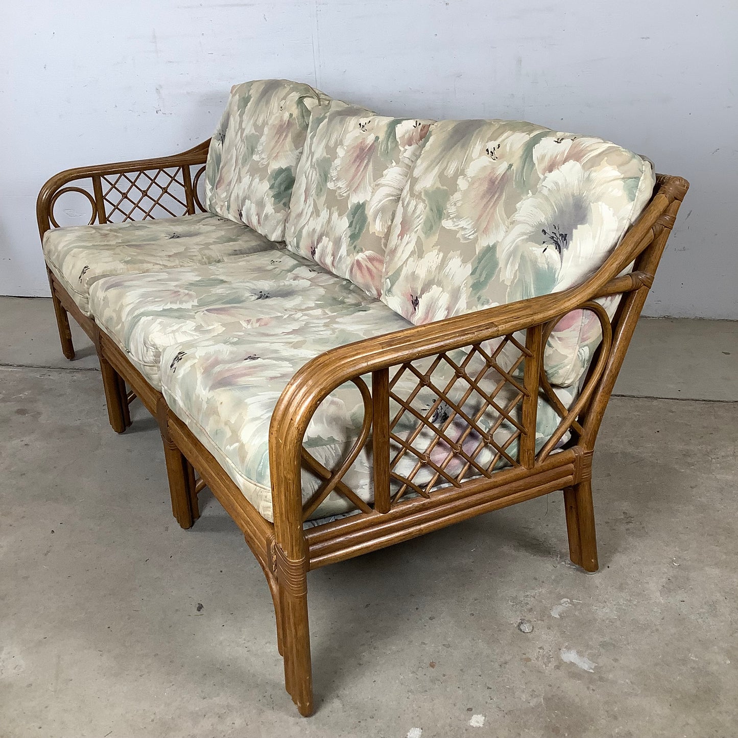 Vintage Rattan Three-Seat Sofa, Diamond Lattice Arms