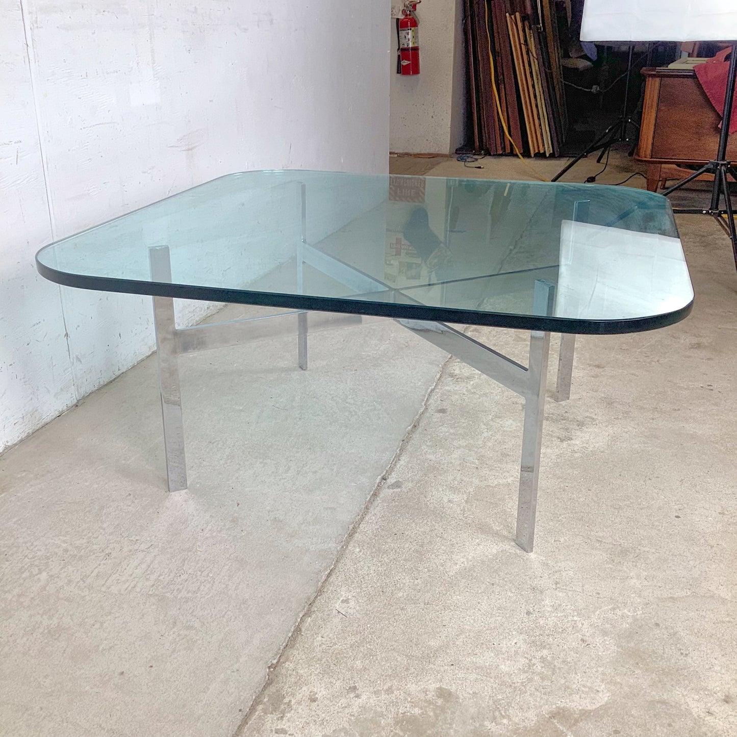Vintage Barcelona-Style Coffee Table | Brushed Chrome X-Base | Thick Glass | 36" Square | c. 1970s–1980s