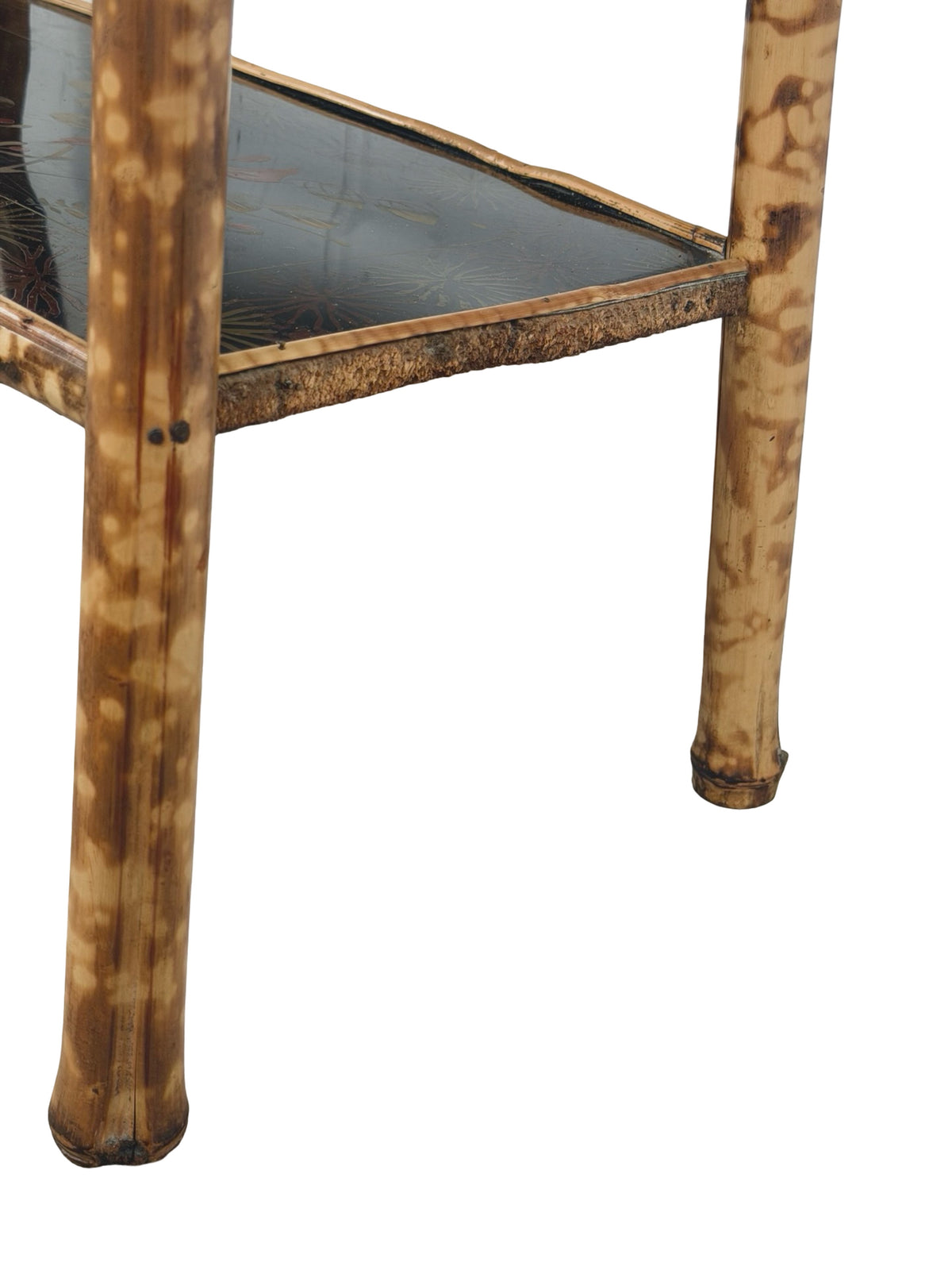 Antique Victorian Aesthetic Movement Tiger Bamboo Three-Tier Side Table with Floral Shelves