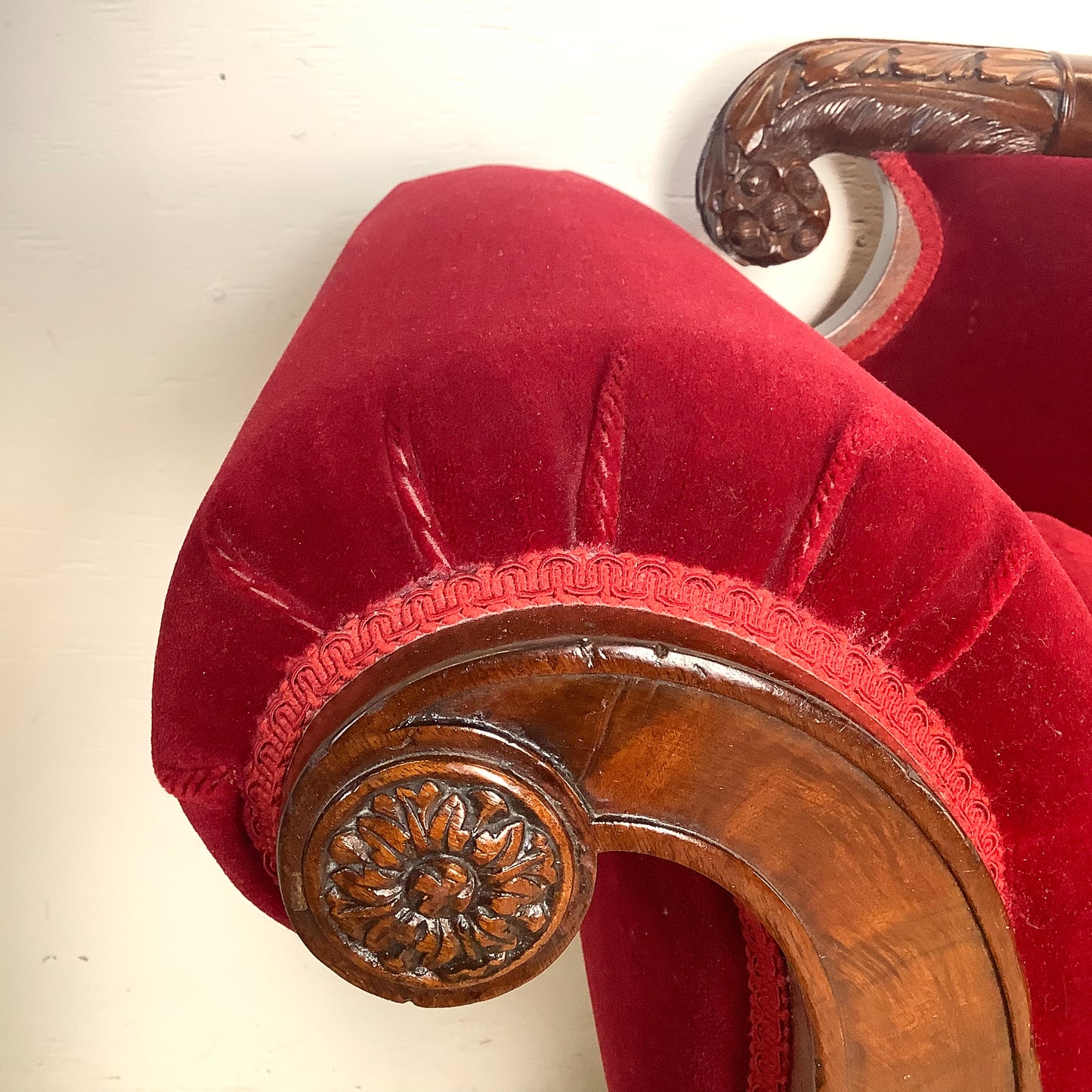 Antique American Empire Revival Mahogany Settee | Scroll Arms Sofa| Carved Paw Feet | Crimson Velvet