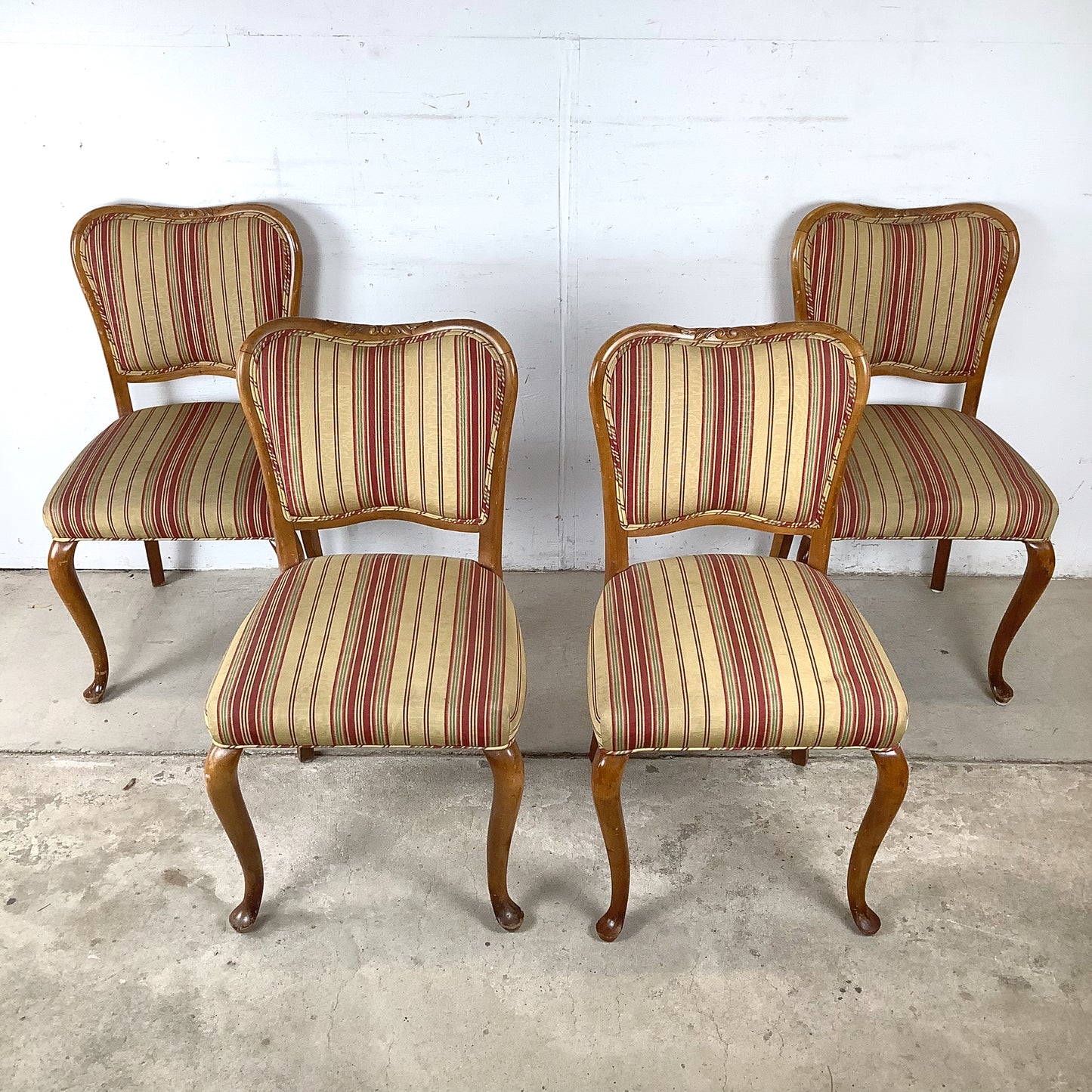 Queen Anne Dining Side Chairs — Set of Four | Walnut Cabriole Legs | Burgundy Stripe Upholstery