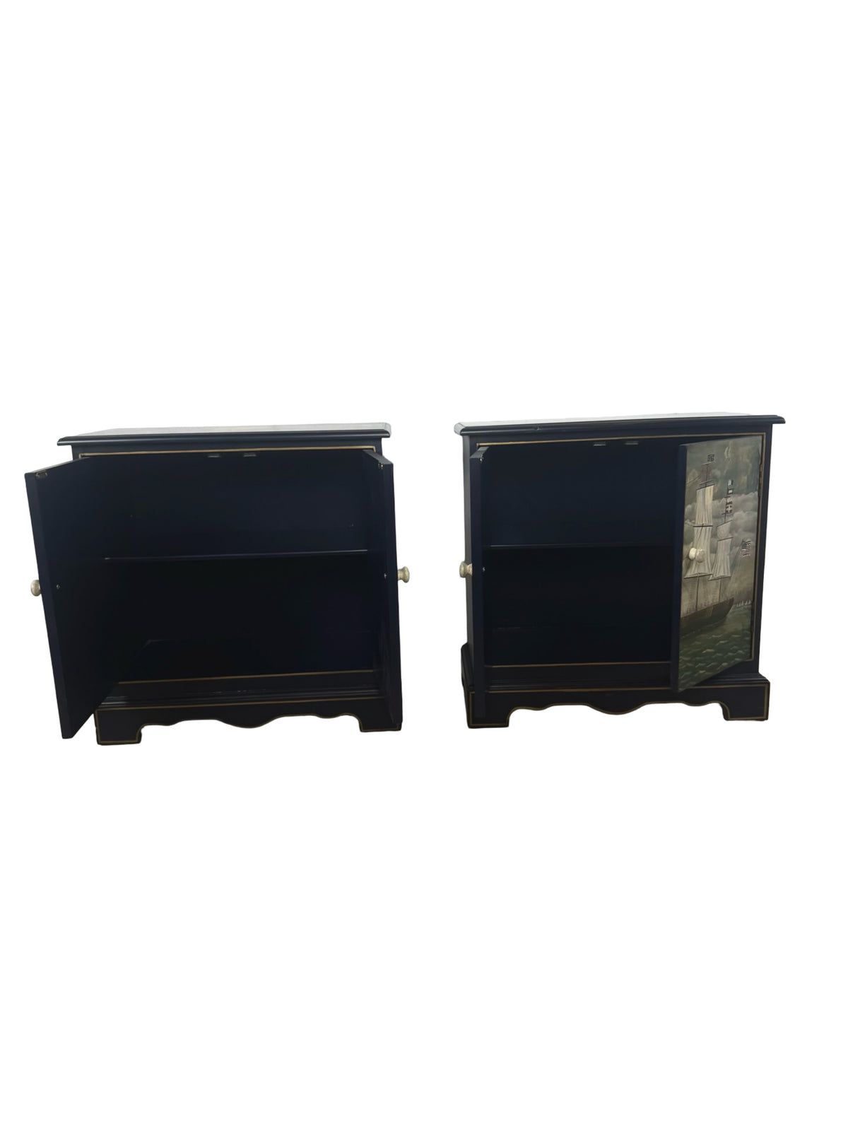 Pair of Hand-Painted Nautical Cabinets — Clipper Ship & Compass Rose Design