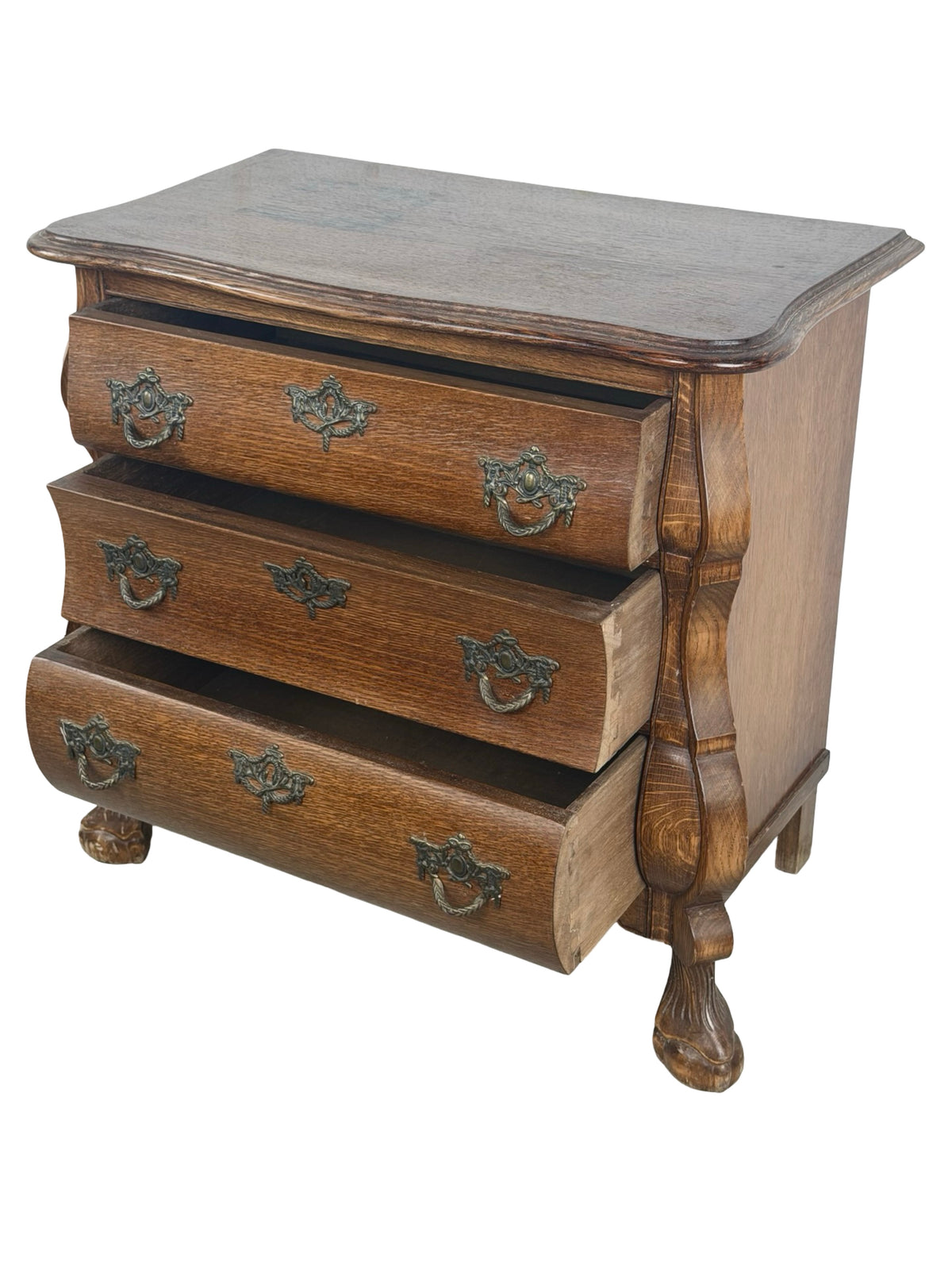 Vintage Dutch Baroque Revival Oak Bombé Three-Drawer Chest with Paw Feet