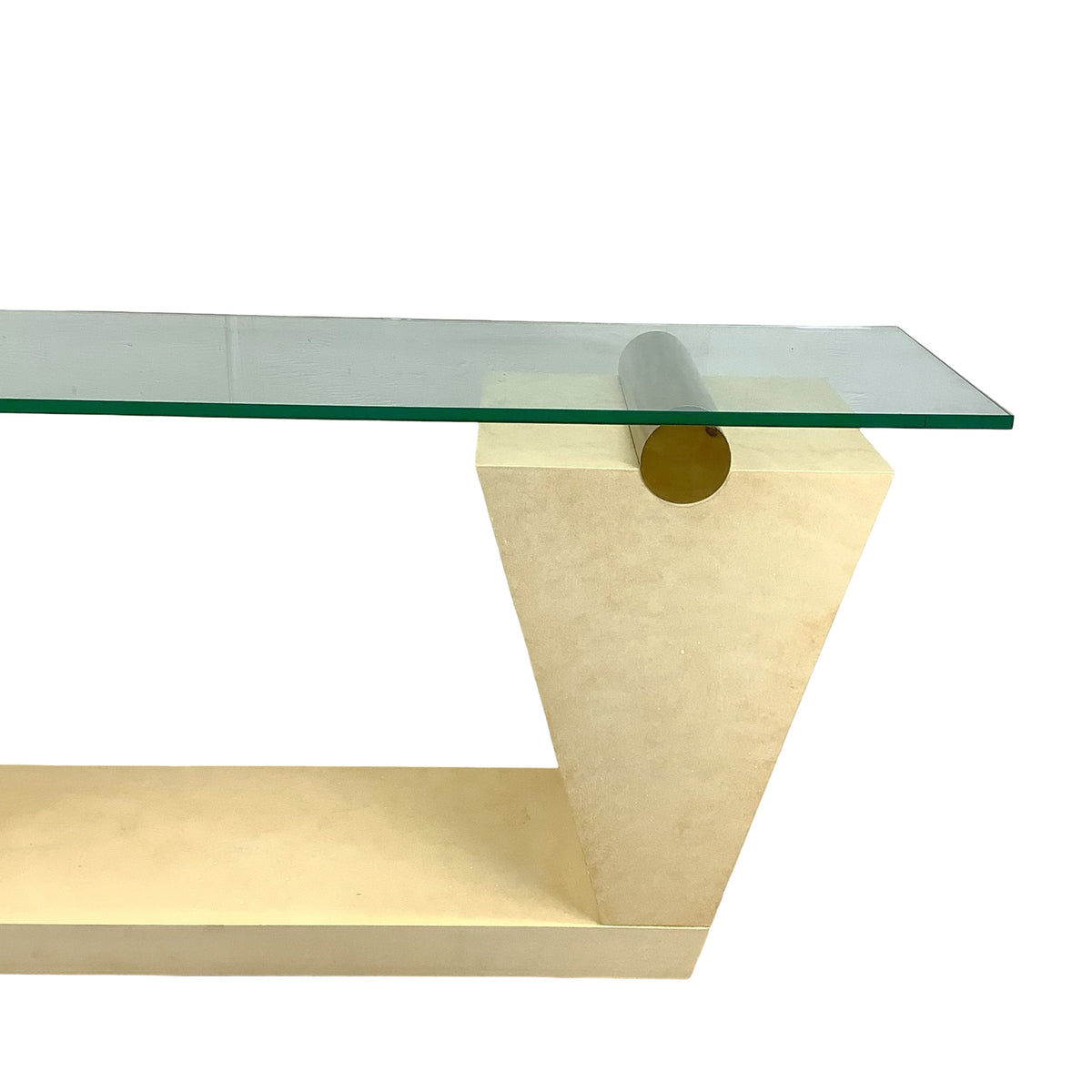 Vintage Modern Parchment-Style Console Table with Glass Top and Brass Accents