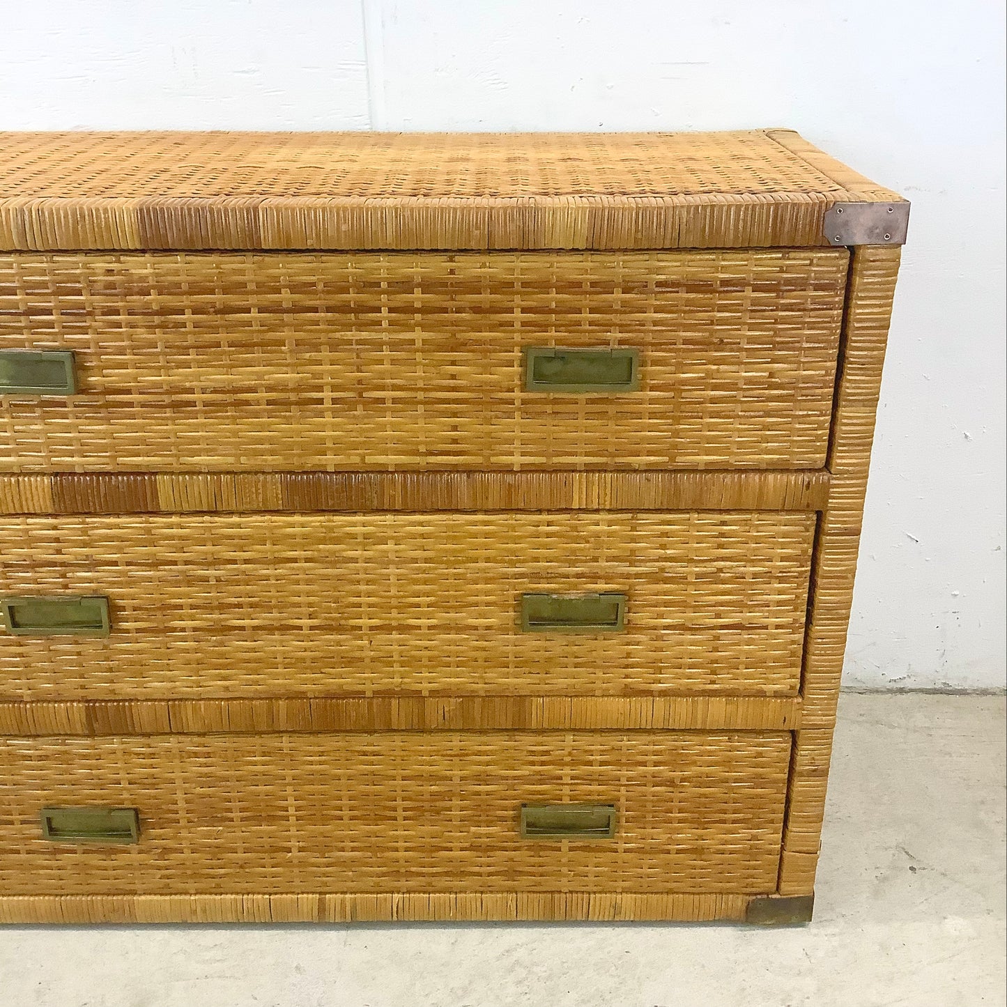 Vintage Three Drawer Wicker Campaign Chest and Mirror