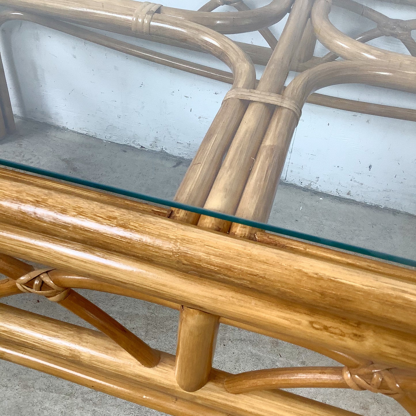 Vintage Rattan Cocktail Table, Cathedral Arch Apron with Glass Top