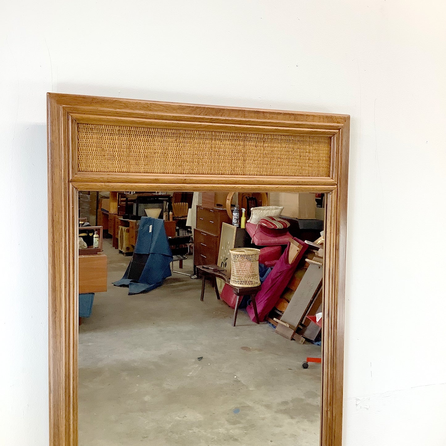 Vintage Modern Oak & Rattan Wall Mirror