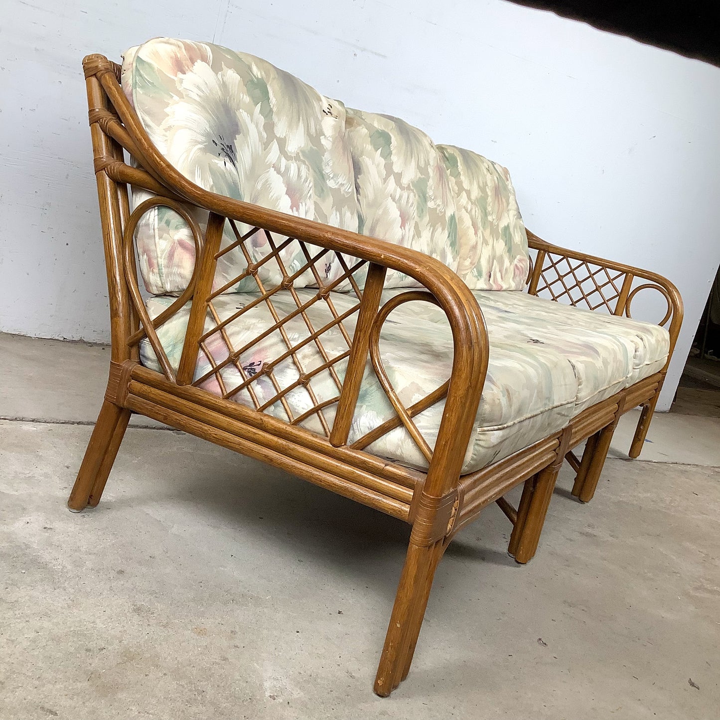 Vintage Rattan Three-Seat Sofa, Diamond Lattice Arms