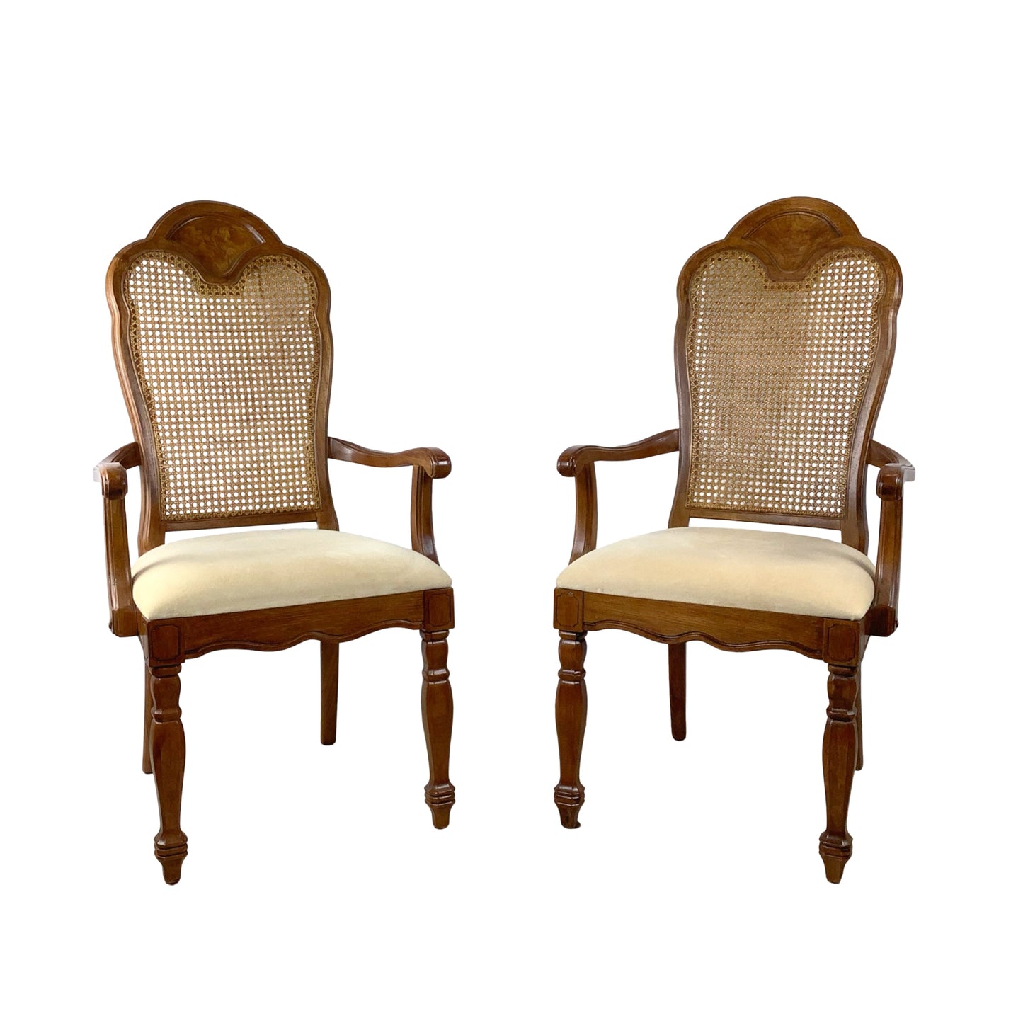 Pair of Vintage Provincial High-Back Cane Armchairs — Walnut, Burlwood Crest, 1970s