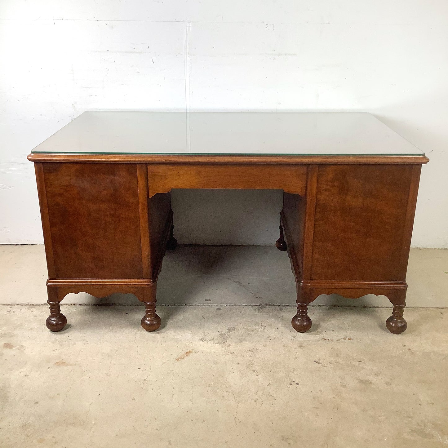 Antique Queen Anne Revival Kneehole Pedestal Desk | Burl Walnut | Brass Bail Pulls | Bun Feet |c. 20th C