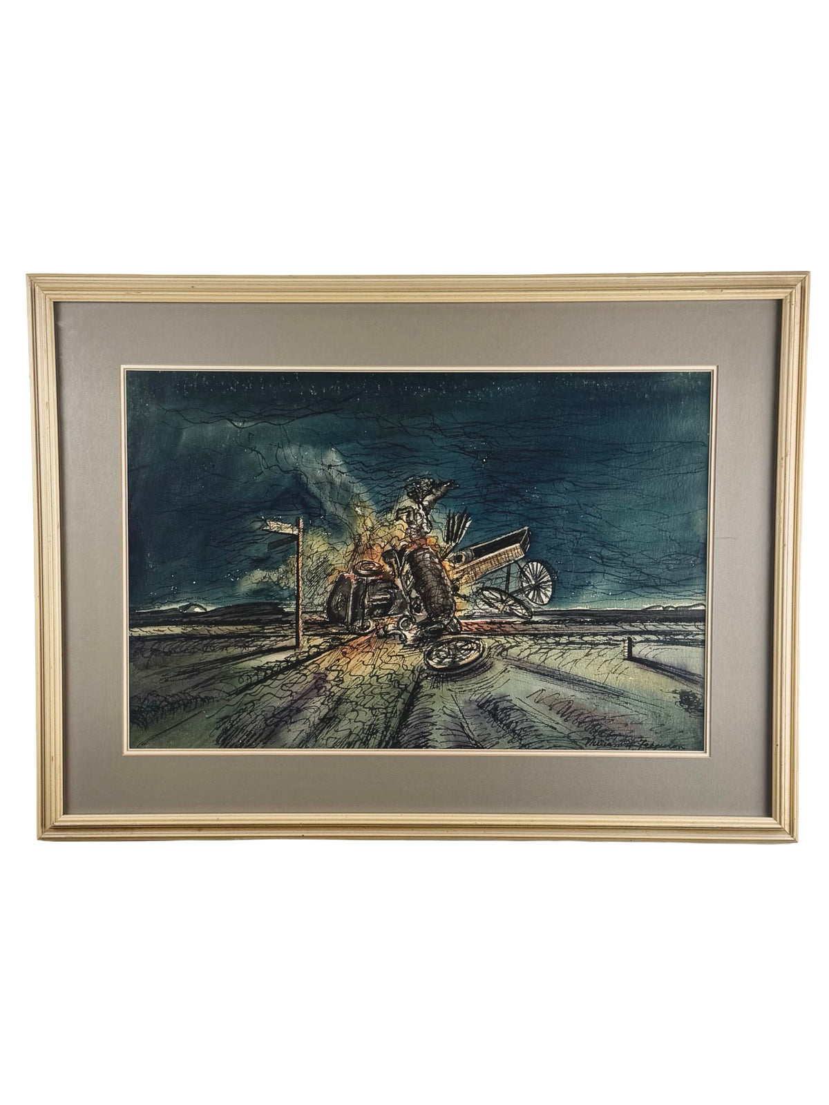 William H. Ferguson Signed Surrealist Carriage Crash Framed Mixed Media Artwork
