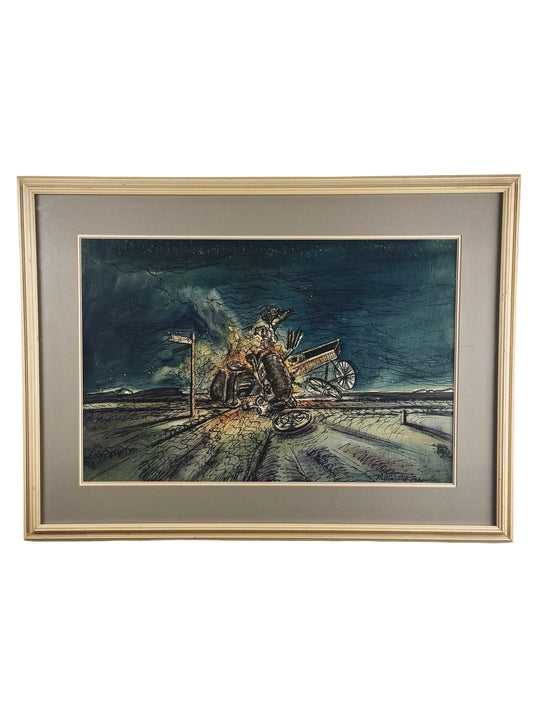 William H. Ferguson Signed Surrealist Carriage Crash Framed Mixed Media Artwork