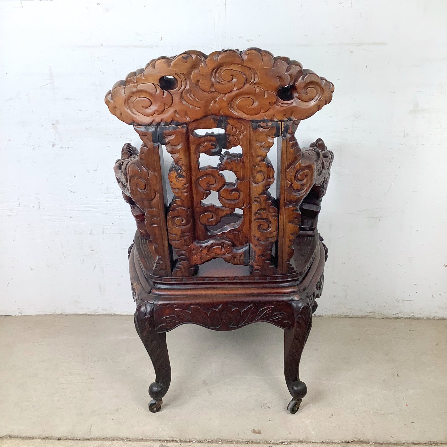 Antique Chinese Export Carved Hardwood Dragon Armchair | Foo Dog Arms | Late 19th to Early 20th Century