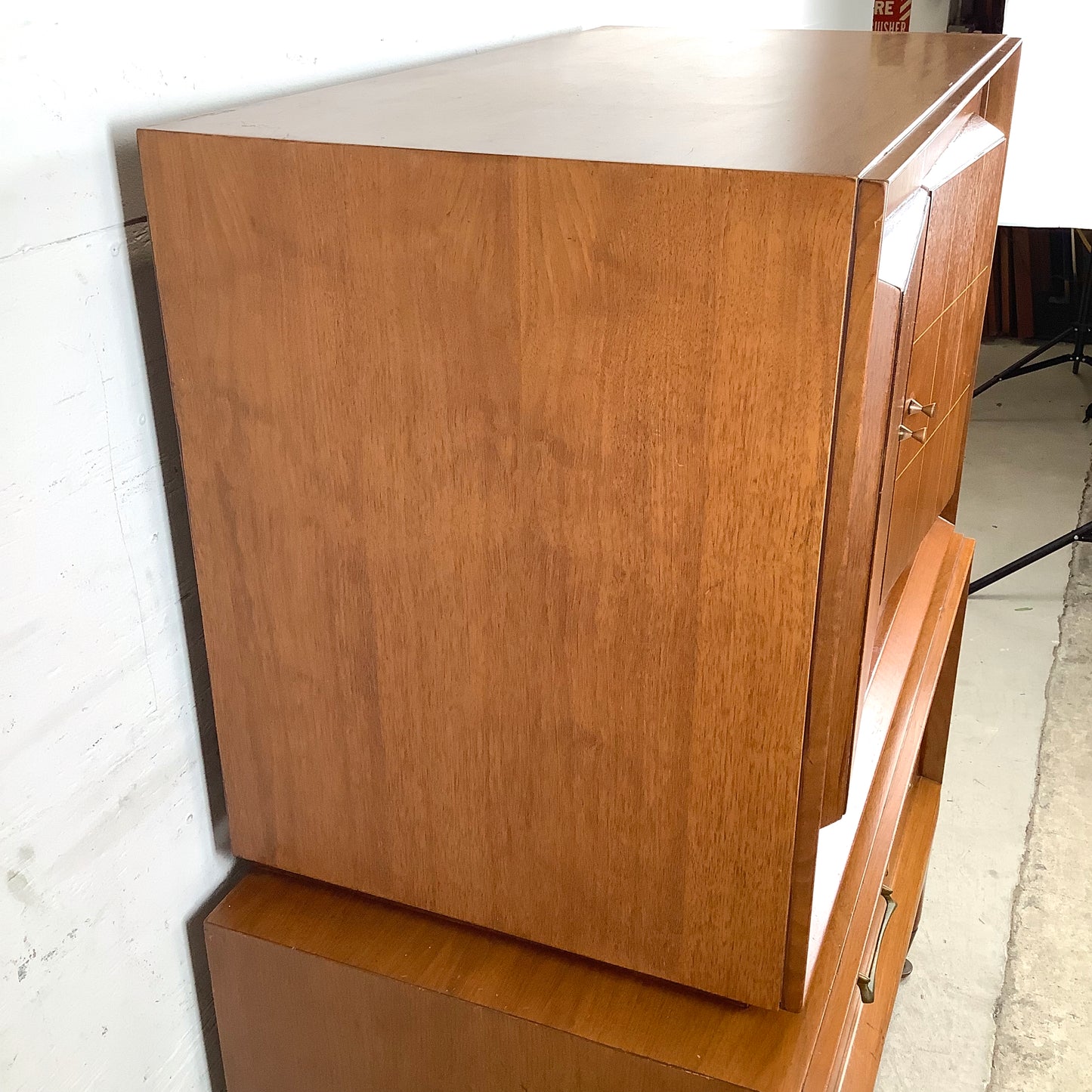 Mid-Century Walnut Highboy With Brass Pulls and Interior Drawers