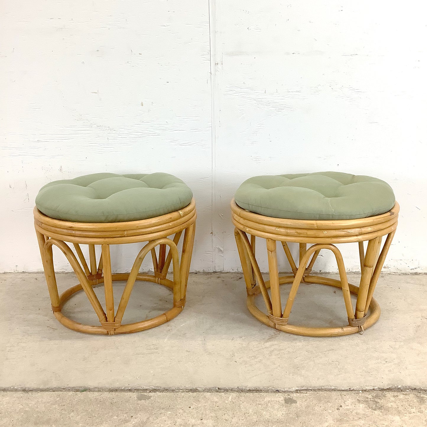 Pair Vintage Boho Rattan Footstools