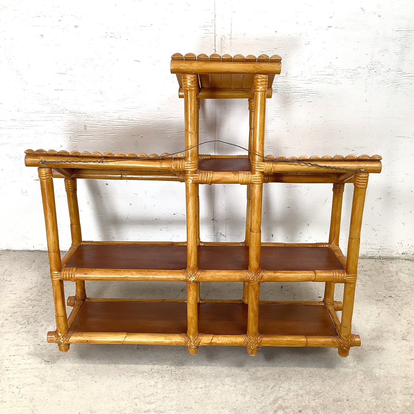 Vintage Bamboo & Rattan Stepped Hanging Wall Shelf | Paul Frankl Skyscraper Style | 1970s Boho Tropical
