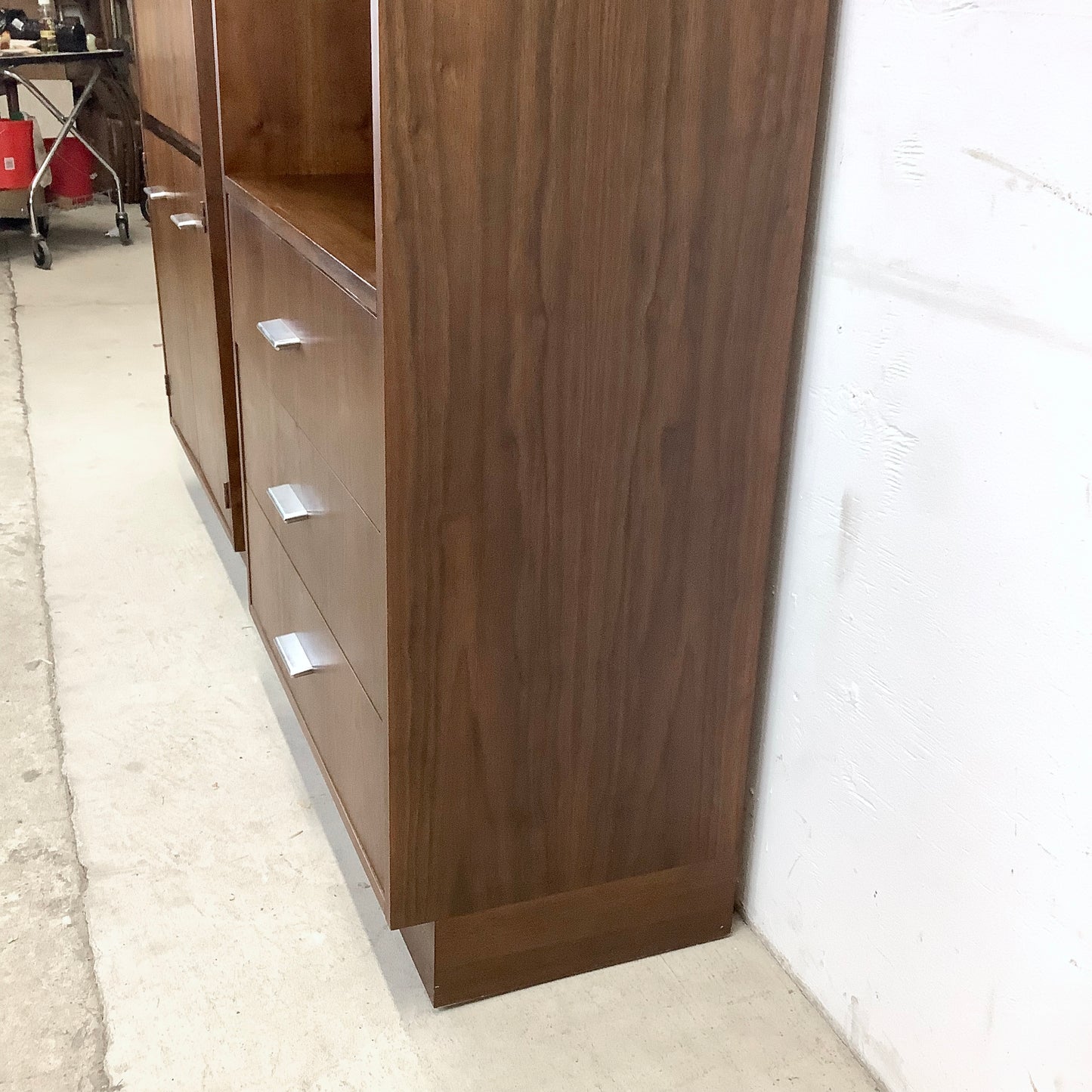 Pair Tall Vintage Standing Shelves With Bar and Drawers