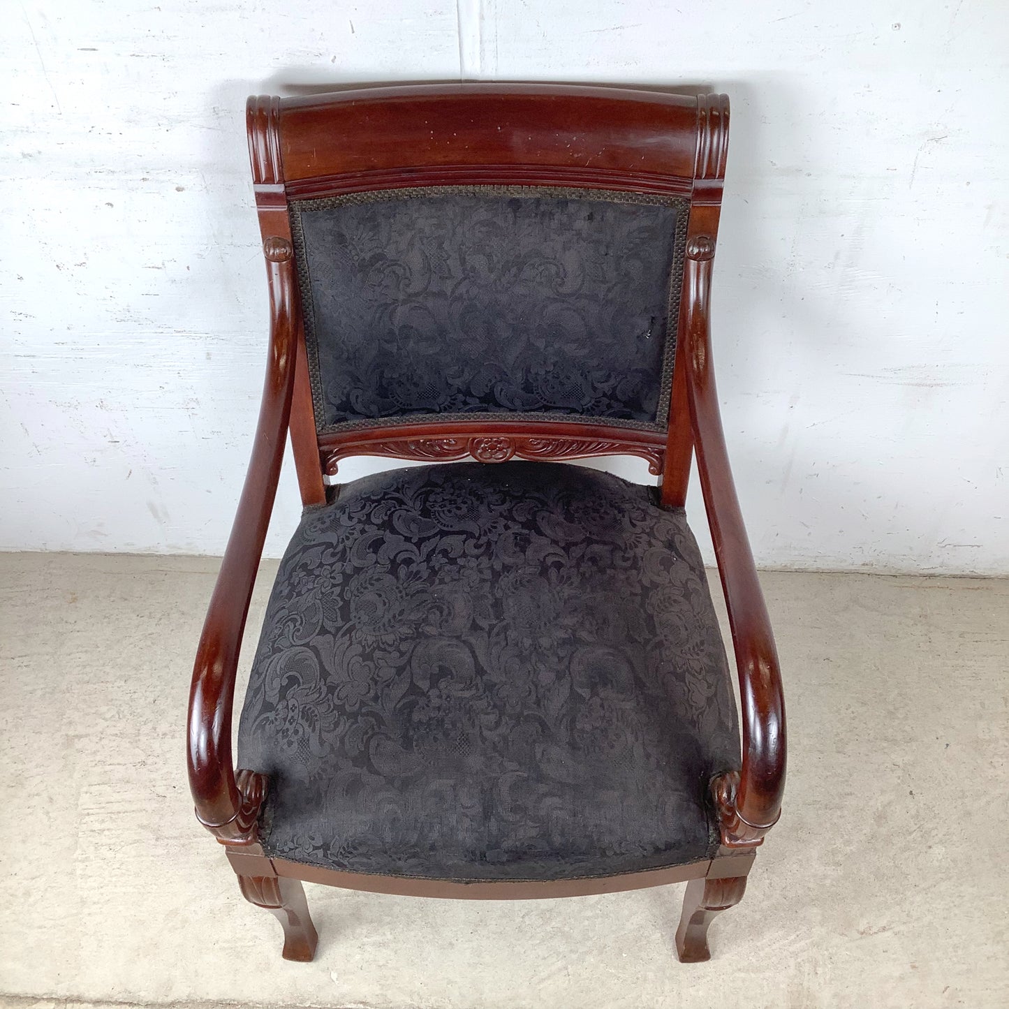 Empire Style Mahogany Armchair | Carved Acanthus Frame | Black Damask Upholstery | Neoclassical