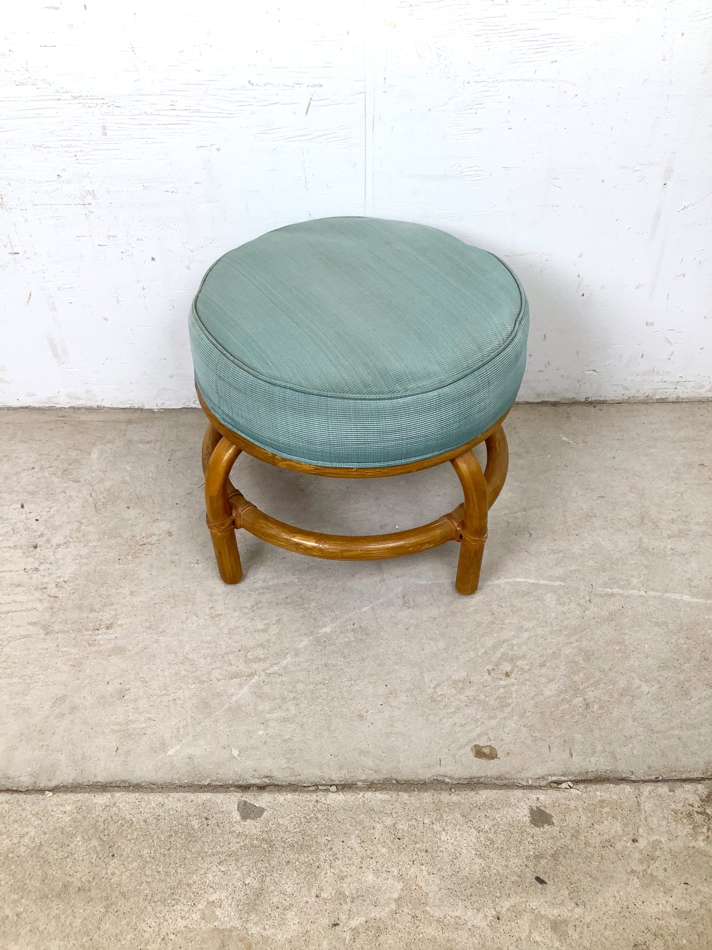 Vintage Rattan Round Ottoman — 1980s Coastal Style, Seafoam Green Upholstery