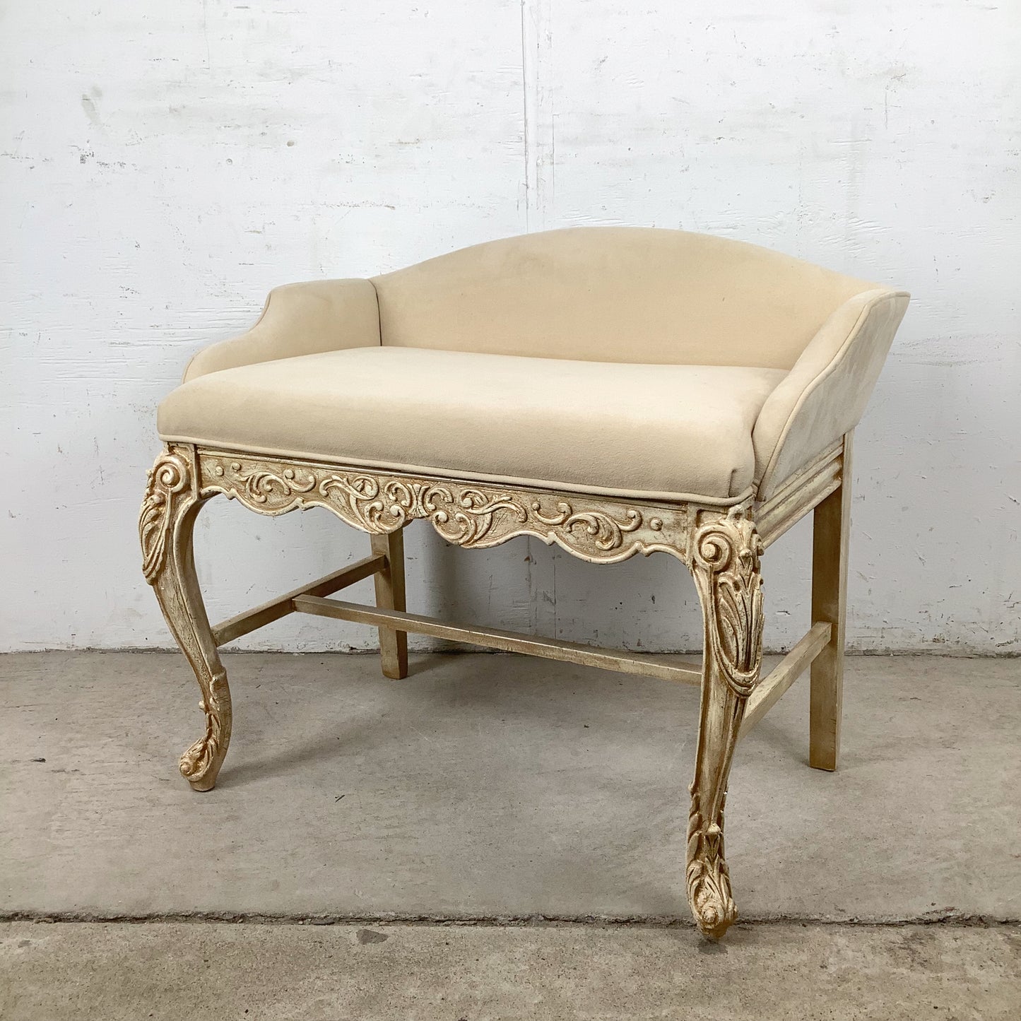 French-Inspired Decorator Bench with Carved Wood Frame