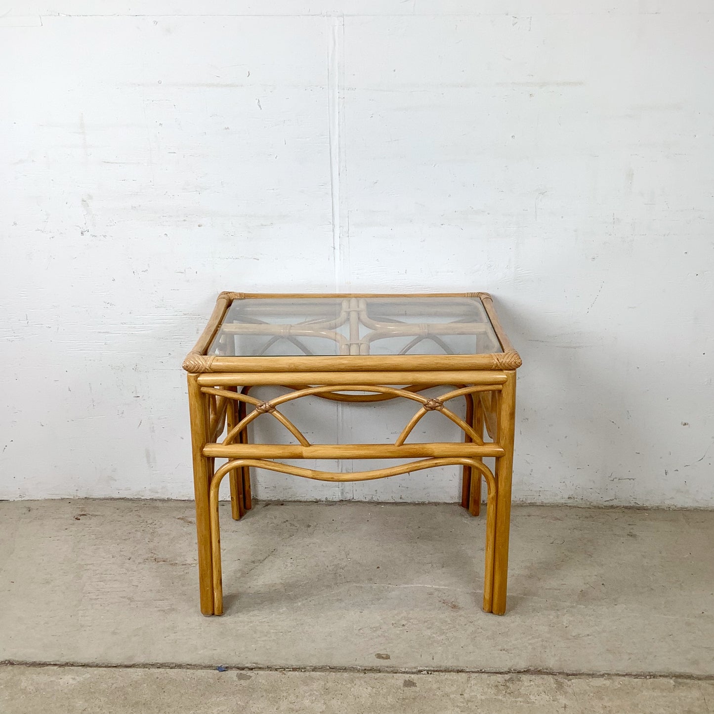 Vintage Bent Rattan Side Table with Inset Glass Top — Arch Apron, circa 1970s–1980s