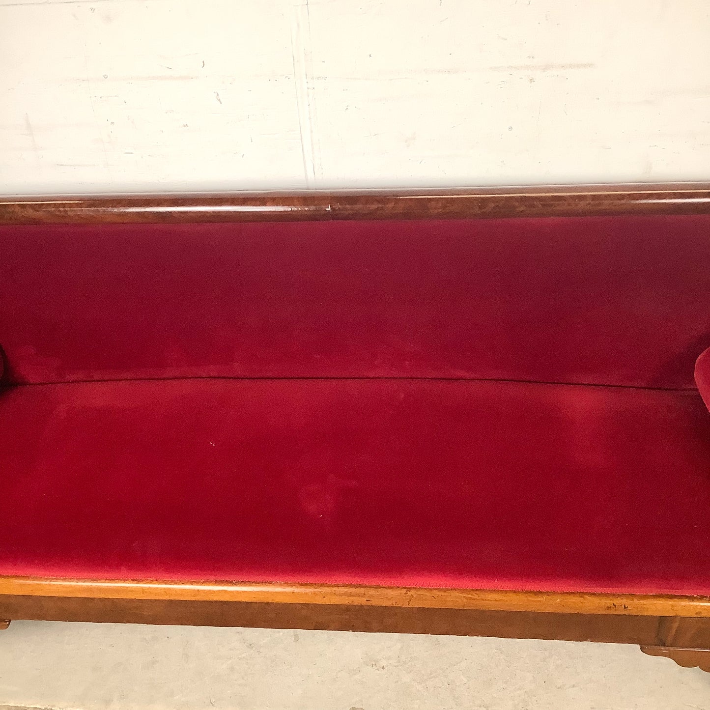 Antique American Empire Revival Mahogany Settee | Scroll Arms Sofa| Carved Paw Feet | Crimson Velvet