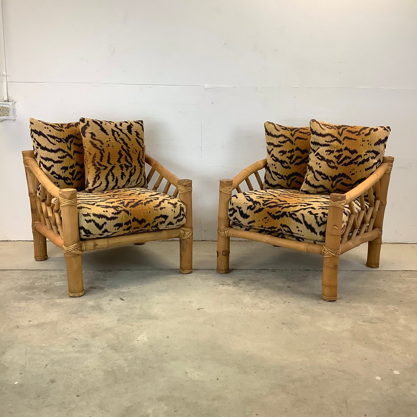 Vintage Bamboo Armchairs & Ottoman in Tiger Print