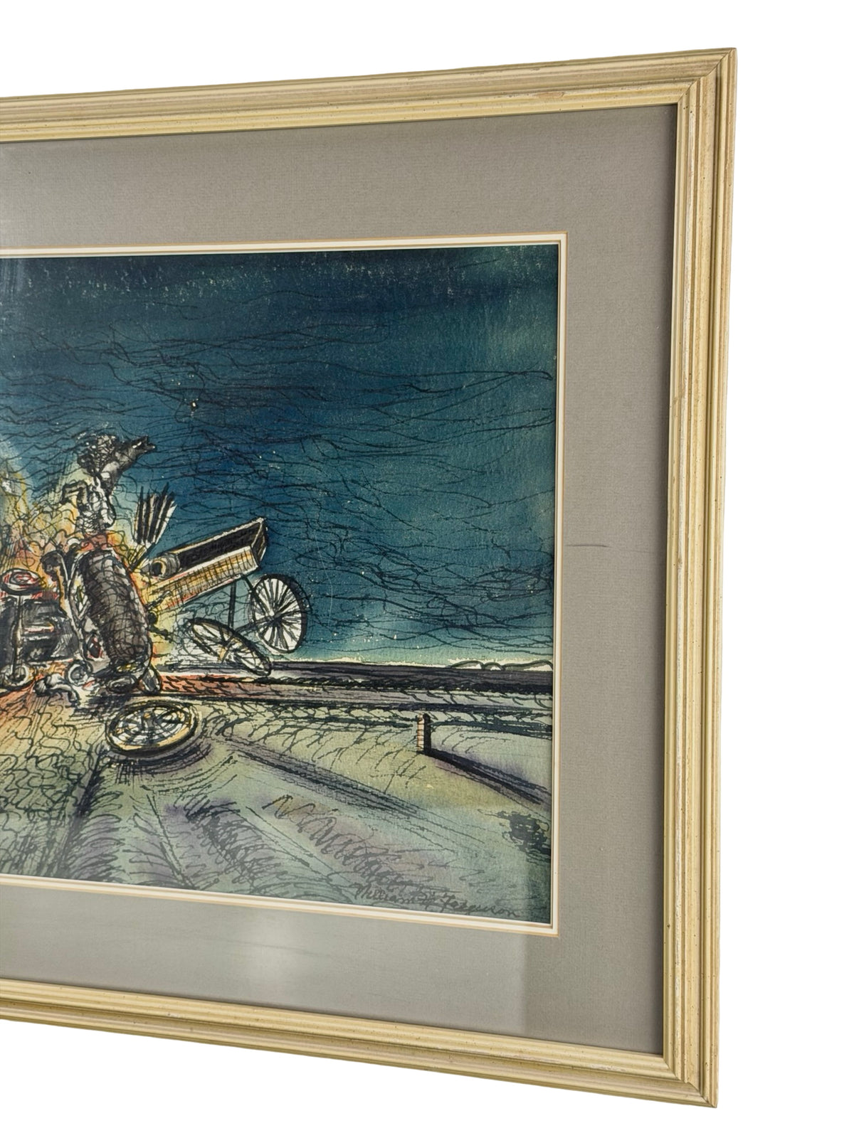 William H. Ferguson Signed Surrealist Carriage Crash Framed Mixed Media Artwork