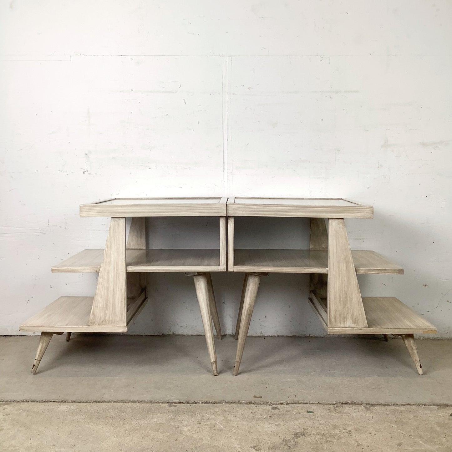 Pair of Vintage Three-Tier Step End Tables | Cerused Finish