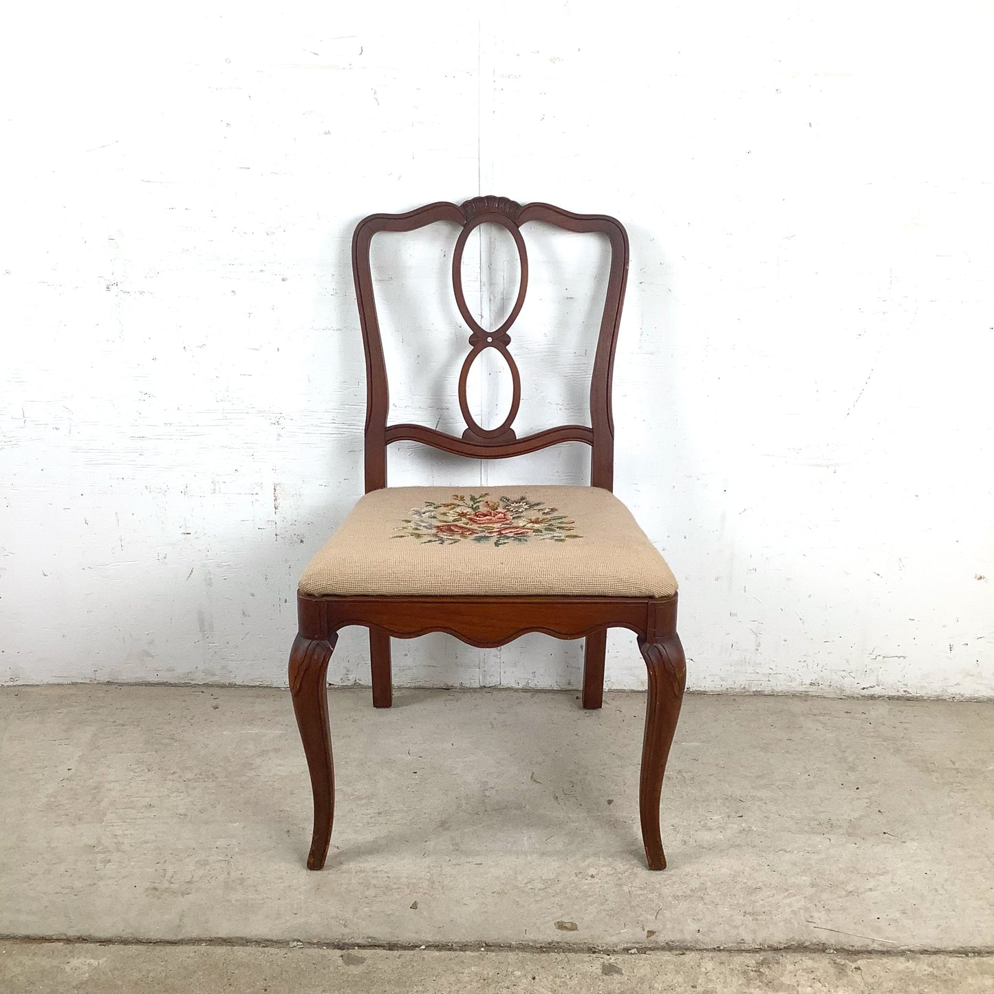 Vintage Queen Anne Style Side Chair with Needlepoint Upholstered Seat