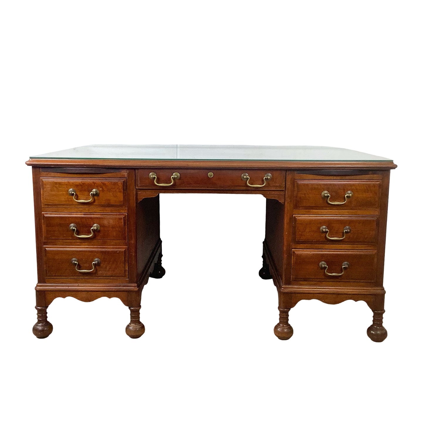 Antique Queen Anne Revival Kneehole Pedestal Desk | Burl Walnut | Brass Bail Pulls | Bun Feet |c. 20th C
