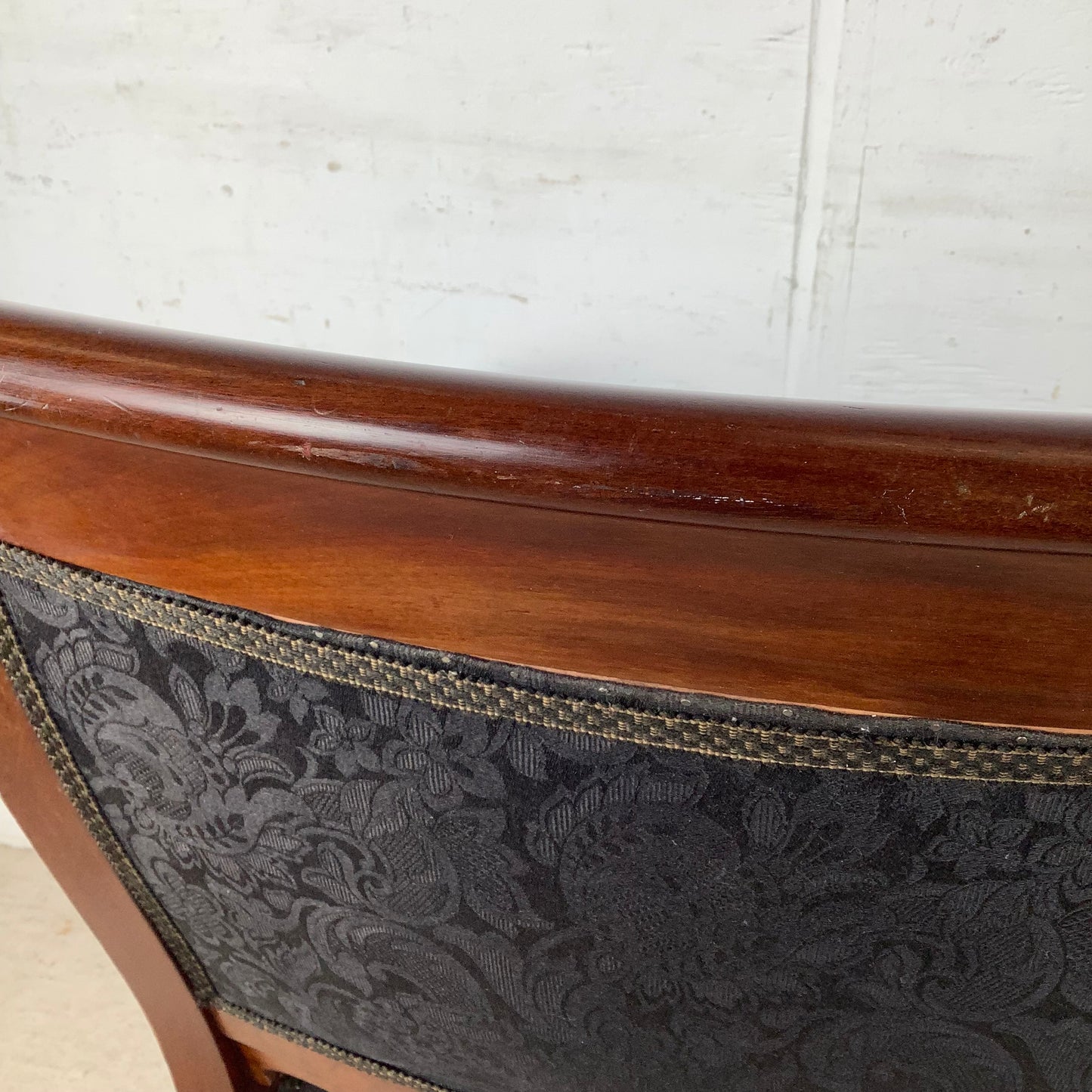 Empire Style Mahogany Armchair | Carved Acanthus Frame | Black Damask Upholstery | Neoclassical