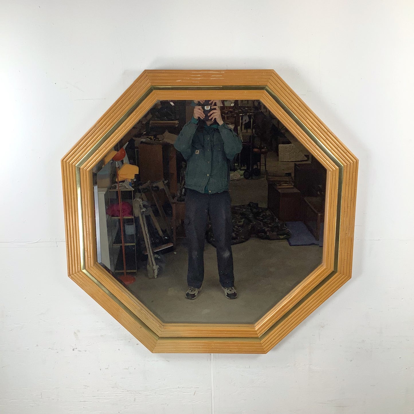 Vintage Modern Boho Octagonal Mirror with Faux Bamboo Wood Frame