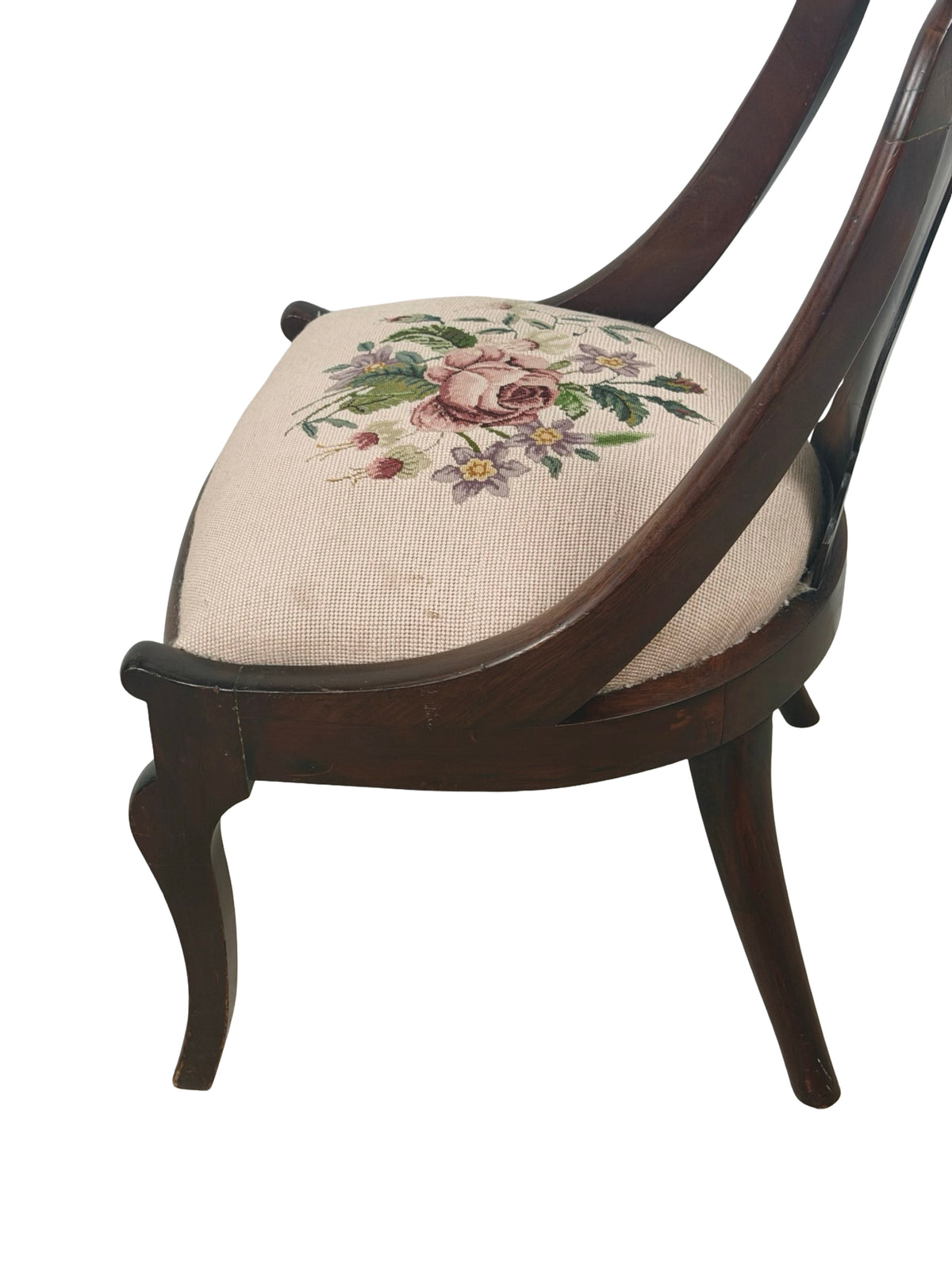 Antique Federal Style Carved Wood Side Chair with Floral Needlepoint Seat
