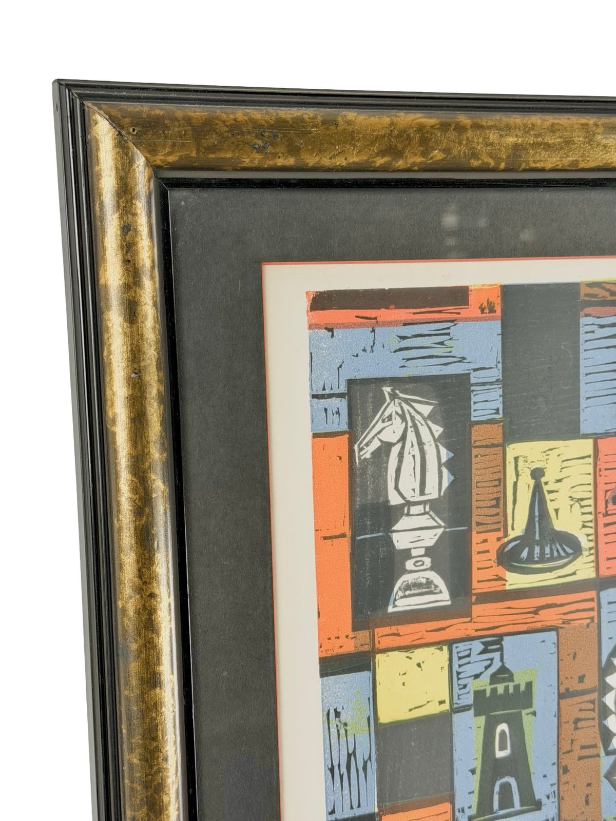 Irving Amen “Chess Board” Signed Mid-Century Modern Color Woodcut