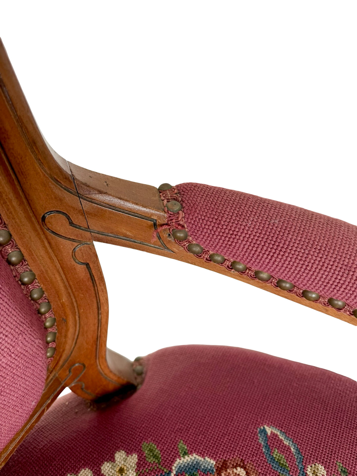 Vintage Renaissance Revival Carved Armchair with Burgundy Floral Upholstery