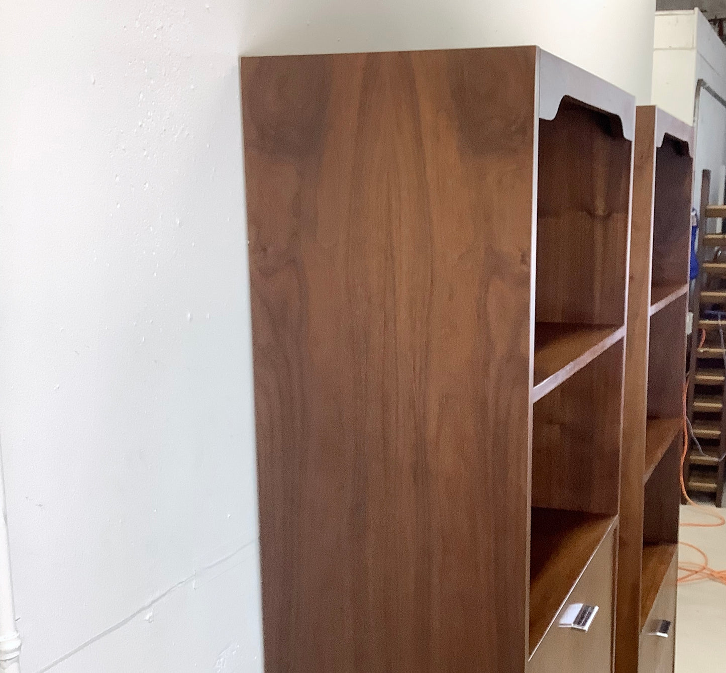 Pair Tall Vintage Standing Shelves With Bar and Drawers