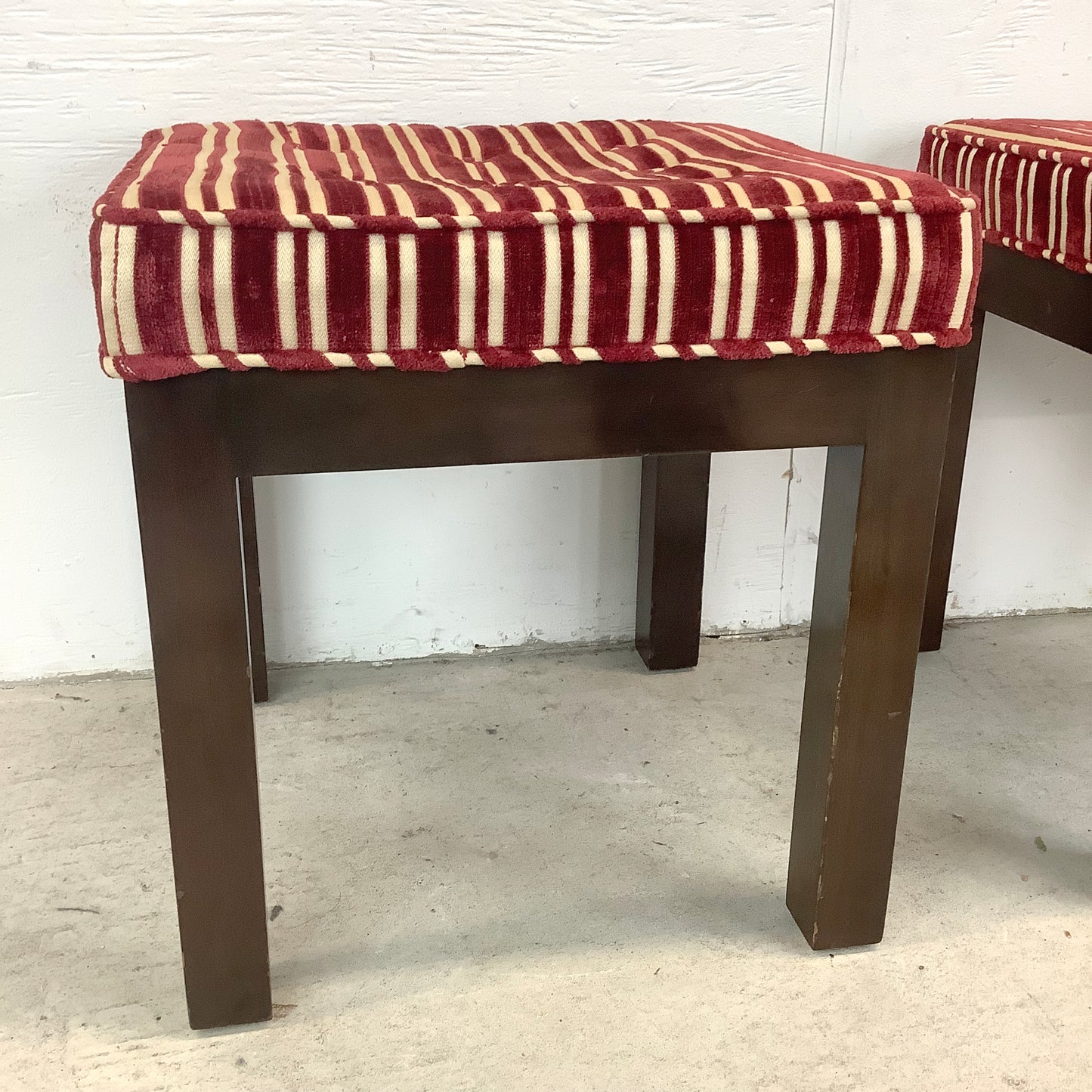 Pair of Vintage Mid-Century Tufted Footstools with Striped Fabric