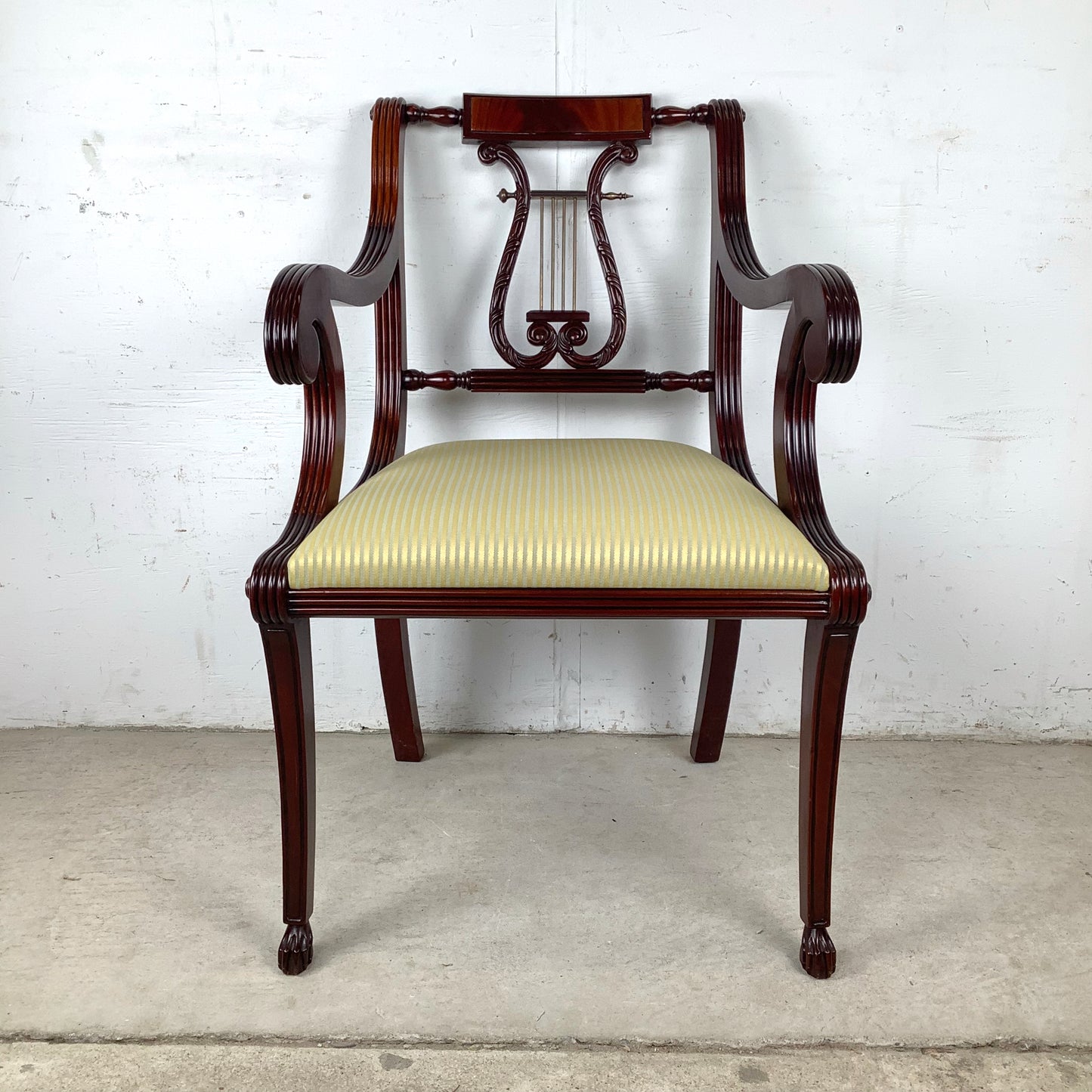 Elegant Vintage Lyre-Back Mahogany Accent Chair With Upholstered Seat